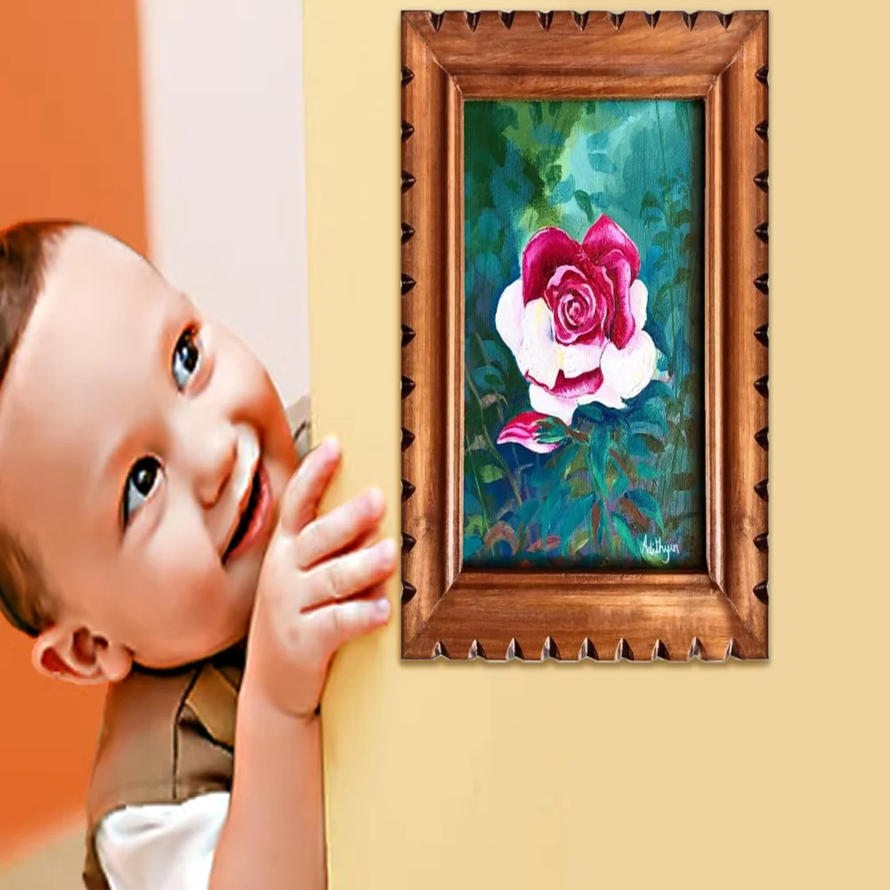 EMPEROR ART GALLERY, Rose Flower Original Handmade Acrylic Paintings on Canvas With Teak Wood Frame(12.5x10.1) in