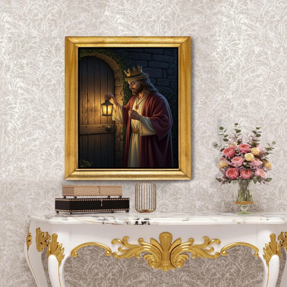 Jesus Christ Wall Art Framed Print, Knocking at Door Scene, 35.5 x 48.2 cm Natural Wooden Frame, Glitter Laminated