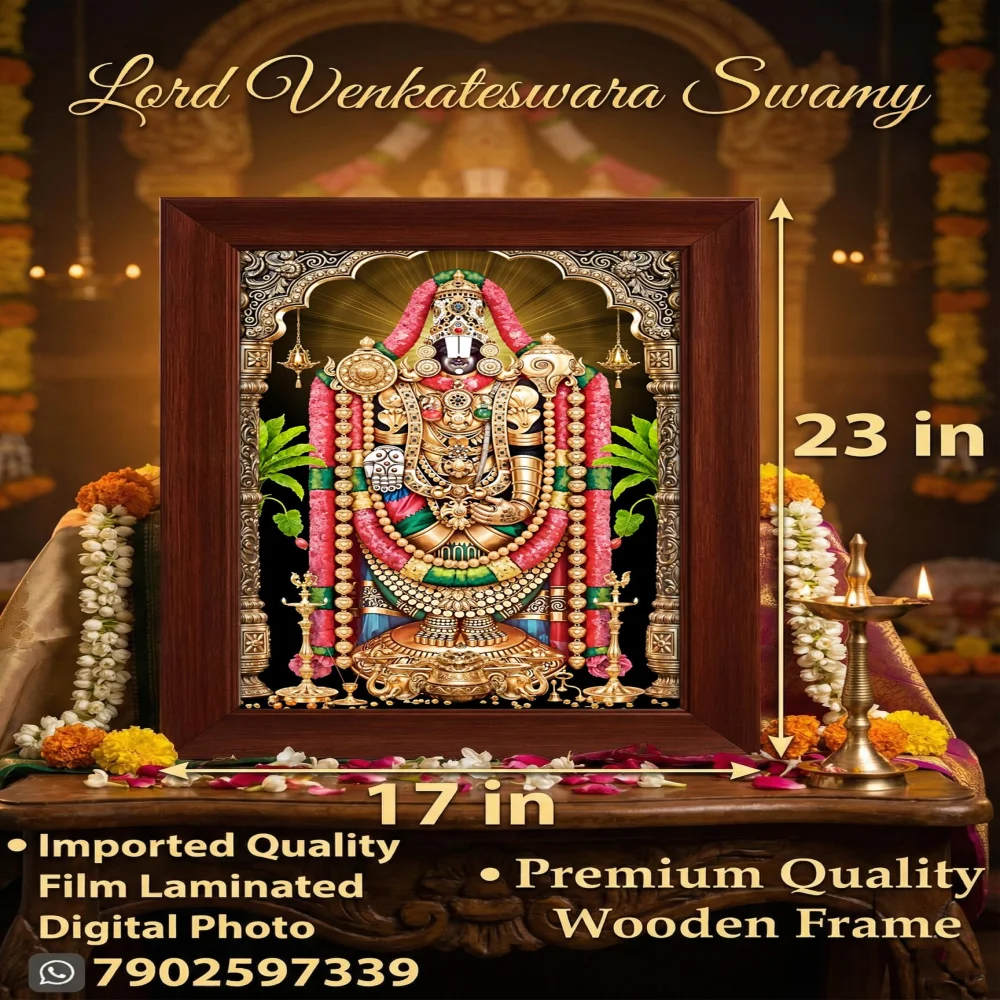 EMPEROR ART GALLERY®,Lord Venkateswara Swamy Divine Wall Art, Premium Wooden Frame with Film Laminated Digital Photo, Traditional Temple Design, 23x17 Inches