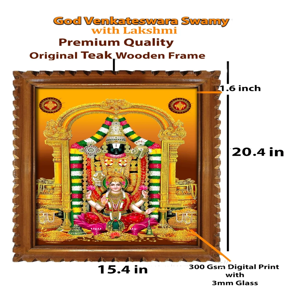 EMPEROR ART GALLERY® Venkateswara Swamy with Lakshmi Religious Photo Frame, unique disigned Natural Colour Teak Wooden frame, 51.8 x 39.1 cm,