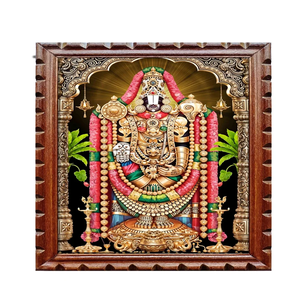 EMPEROR ART GALLERY®,Lord Venkateswara Swamy Premium Wooden Frame with Carved Design, 14x20 inch, Film Laminated Digital Print