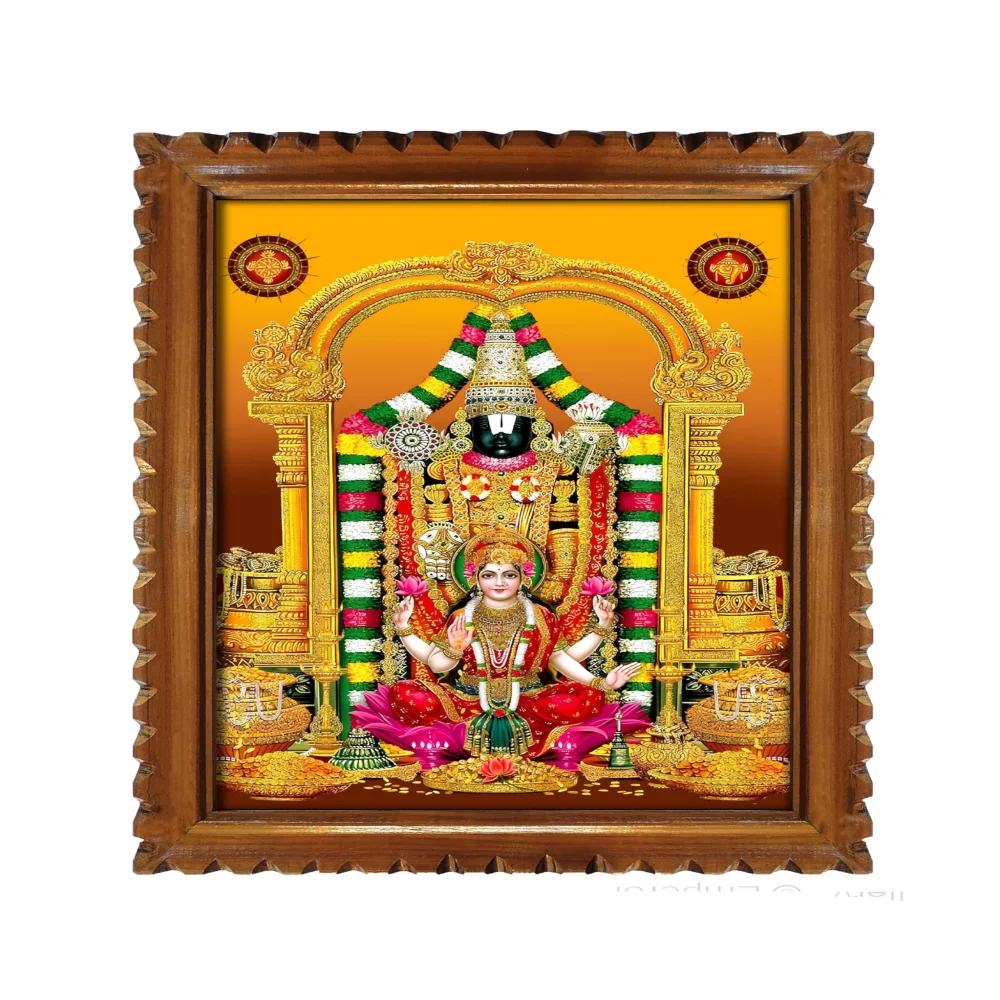 EMPEROR ART GALLERY® Venkateswara Swamy with Lakshmi Religious Photo Frame, unique disigned Natural Colour Teak Wooden frame, 51.8 x 39.1 cm,