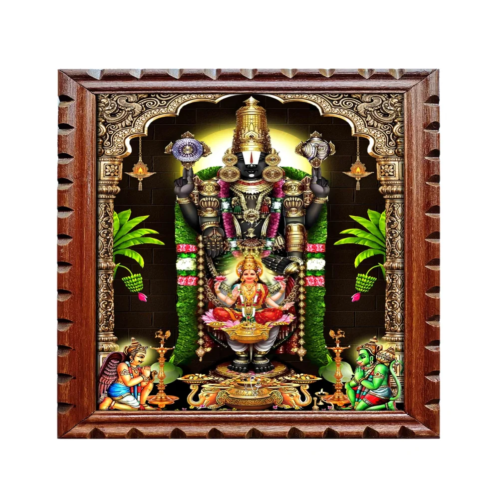 EMPEROR ART GALLERY®,Venkateswara Swamy with Lakshmi Wooden Photo Frame, 14x20 inch, Rare Carved Design, Film Laminated Digital Print