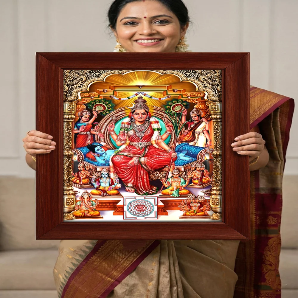 EMPEROR ART GALLERY, Sri Rajarajeshwari Lalitha Tripura Sundari Divine Wall Art, Premium Wooden Frame, Film Laminated Digital Photo, Hindu Religious Decor, 21.8 x 16.6 inches