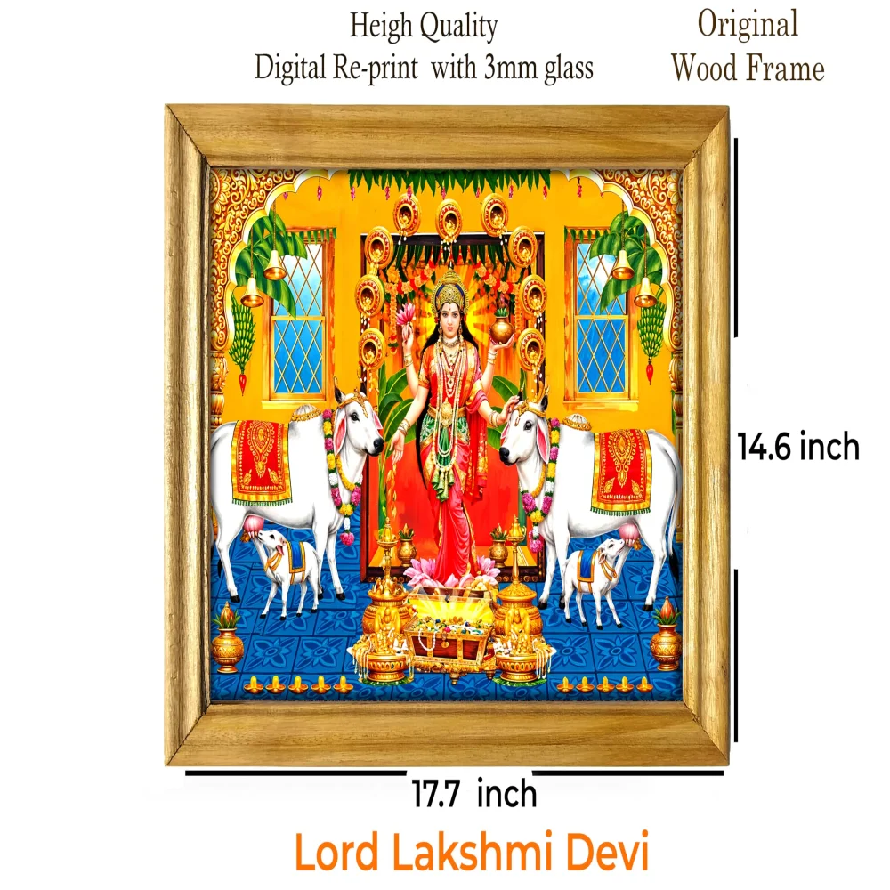 Lakshmi Devi Religious Wall Art, Digital Print with 3mm Glass,Natural Colour Wooden Frame, 44.7 x 37.1 cm
