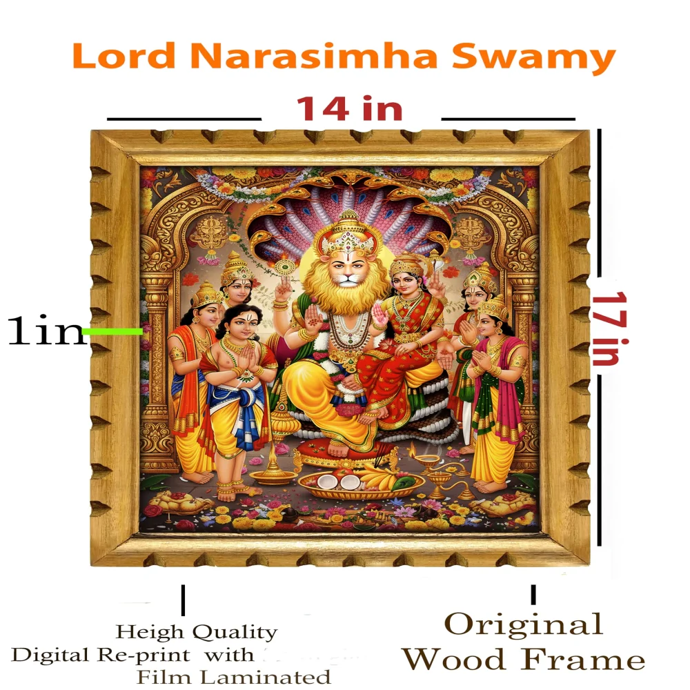 Lord Narasimha Swamy Digital Print with Wooden Frame, Hindu Religious Wall Art, Film Laminated, 14 x 17 inches, Gold Frame with Temple Design