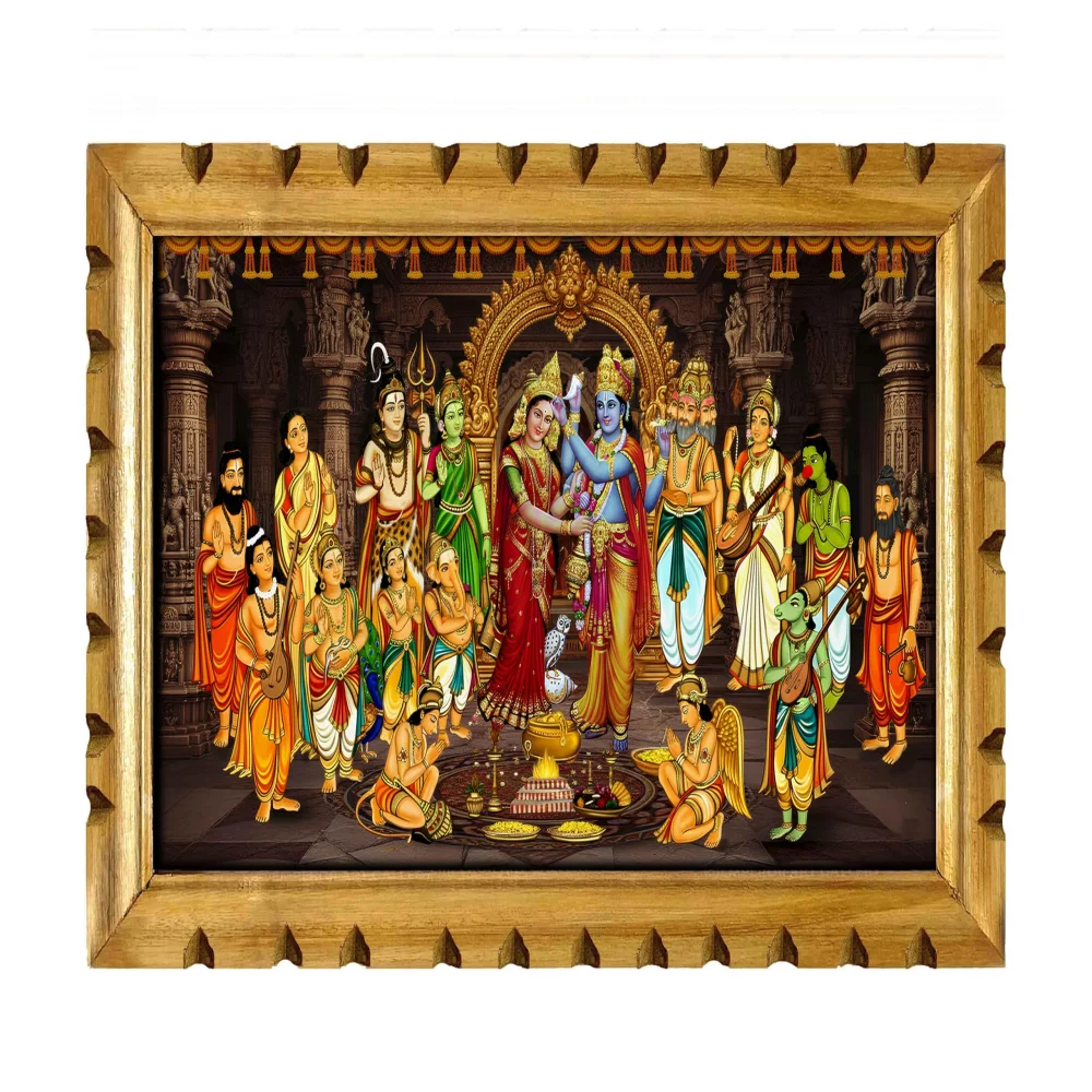 Lord Balaji Kalyanam Premium Wooden Frame,Wall Art with Film Laminated Digital Photo, 20 x 12.6 inches, Temple Design