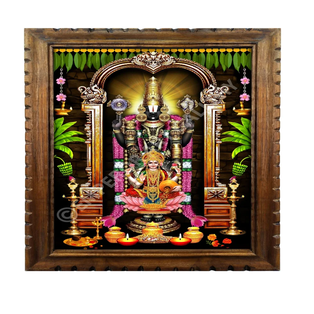 EMPEROR ART GALLERY Lord Venkateswara and Lakshmi Religious Framed Print, Premium Teak Wood Frame, 21.5 x 16.5 in, 300 GSM Digital Print with 3mm Glass
