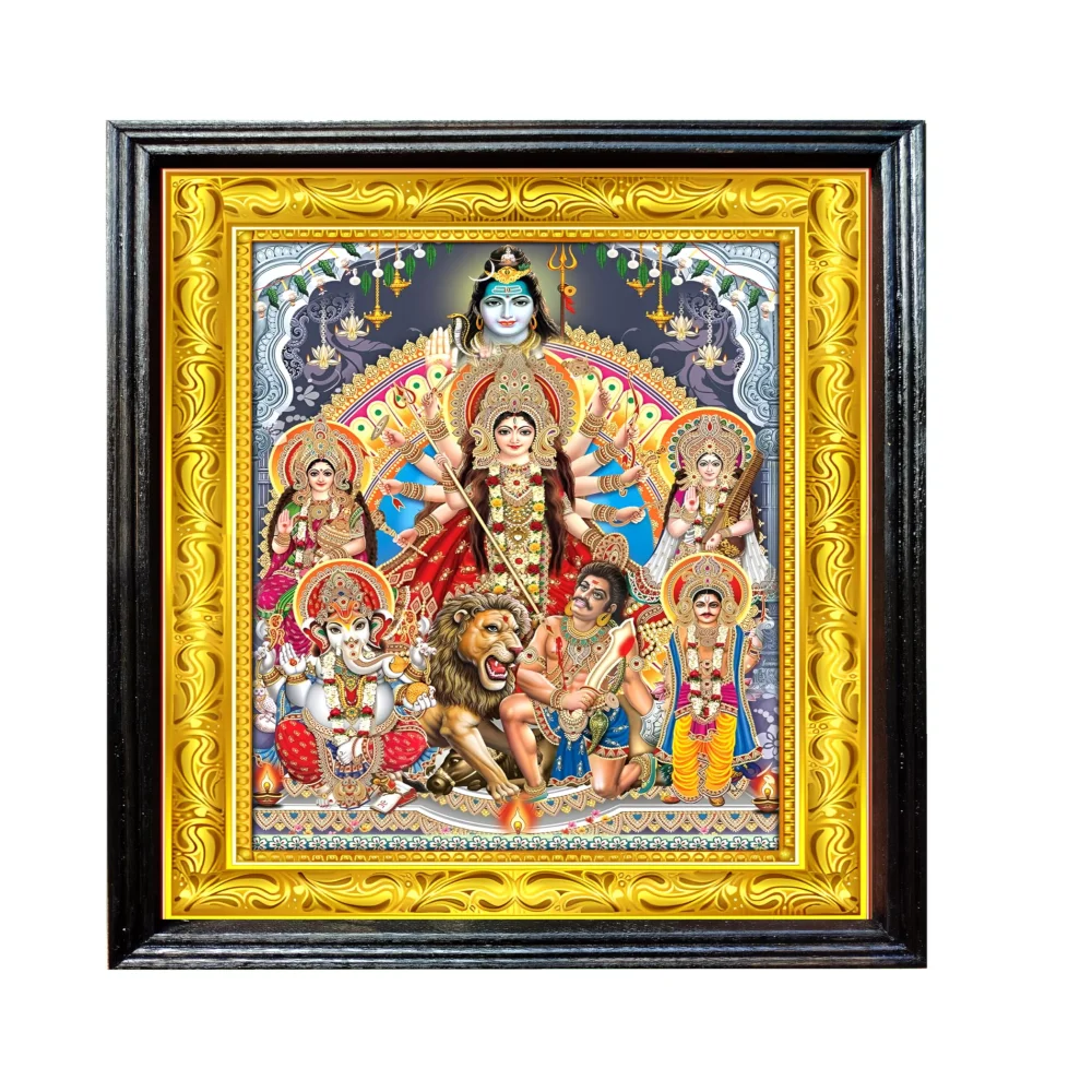 Hindu Deity Durga Religious Wall Art, 32 x 41.4 cm, Wooden Frame with Gold Border, Laminated Digital Print