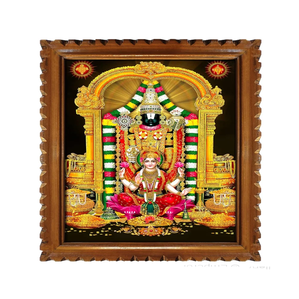 EMPEROR ART GALLERY® Venkateswara Swamy with Lakshmi Religious Photo Frame, Teak Wood, 20.4 x 15.4 inches, Rare Carved Design