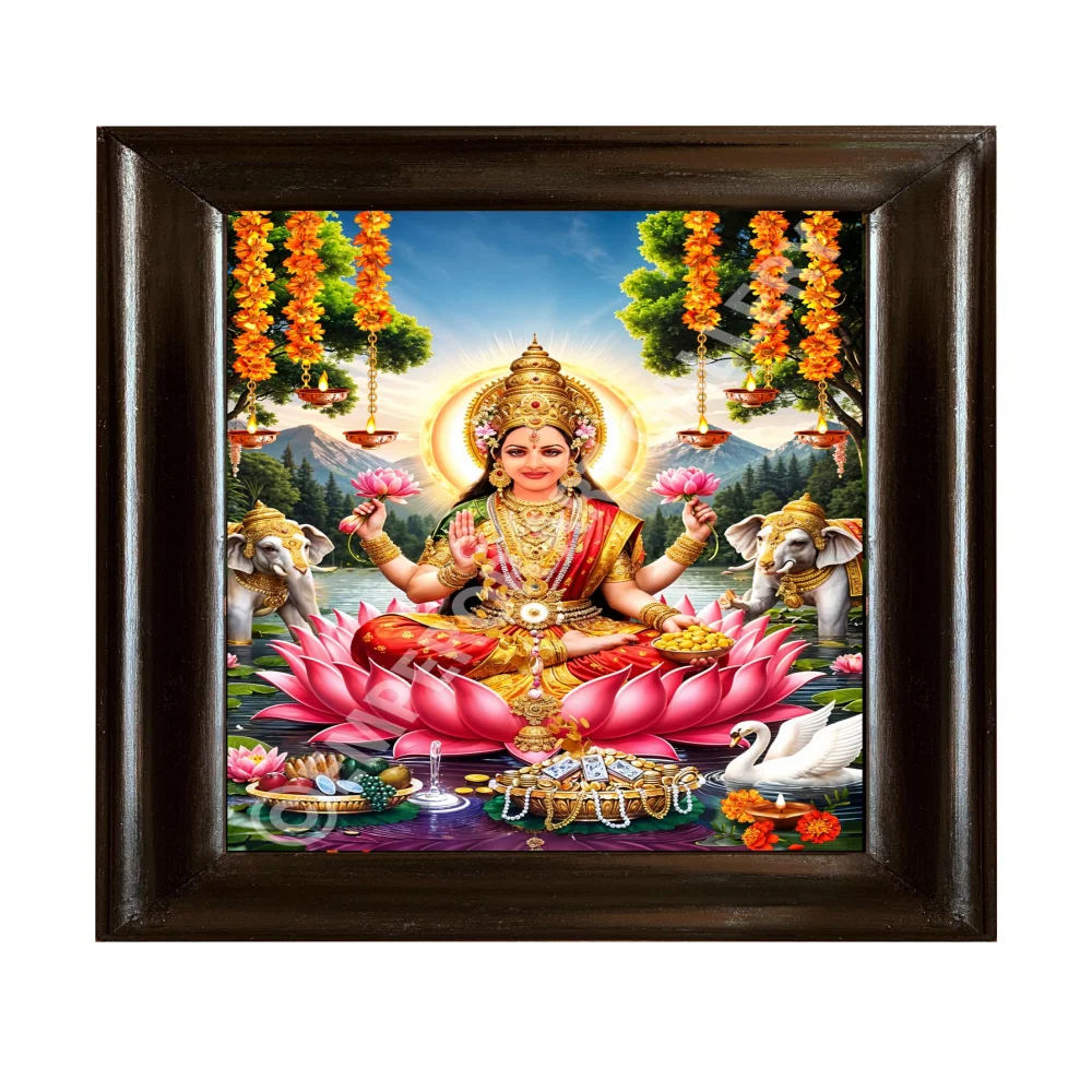 EMPEROR ART GALLERY Lord Lakshmi Devi Digital Print with Premium Wooden Frame, Black Polish, 20.7x 15 in, 3mm Glass