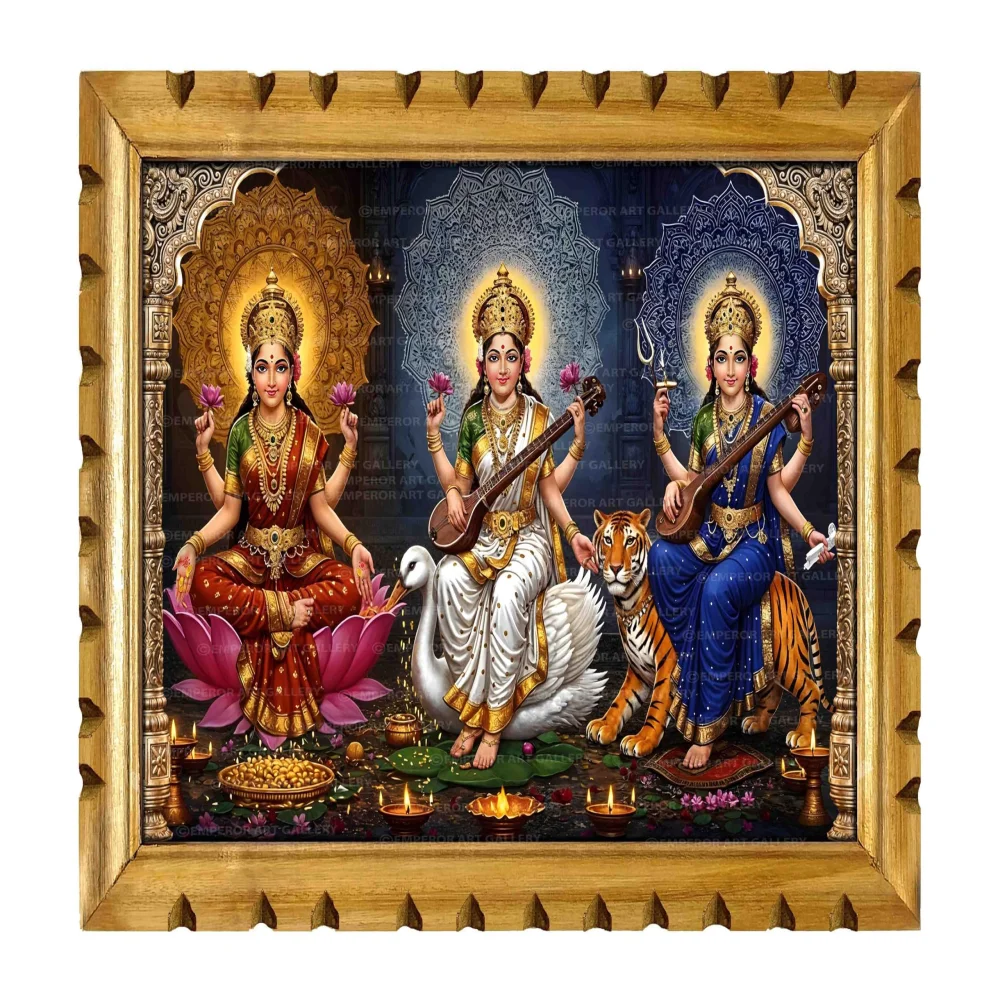 EMPEROR ART GALLERY®, Wooden Frame with Lakshmi, Saraswati and Durga Digital Photo, 50.8 x 34.5 cm, Glitter Film Laminated