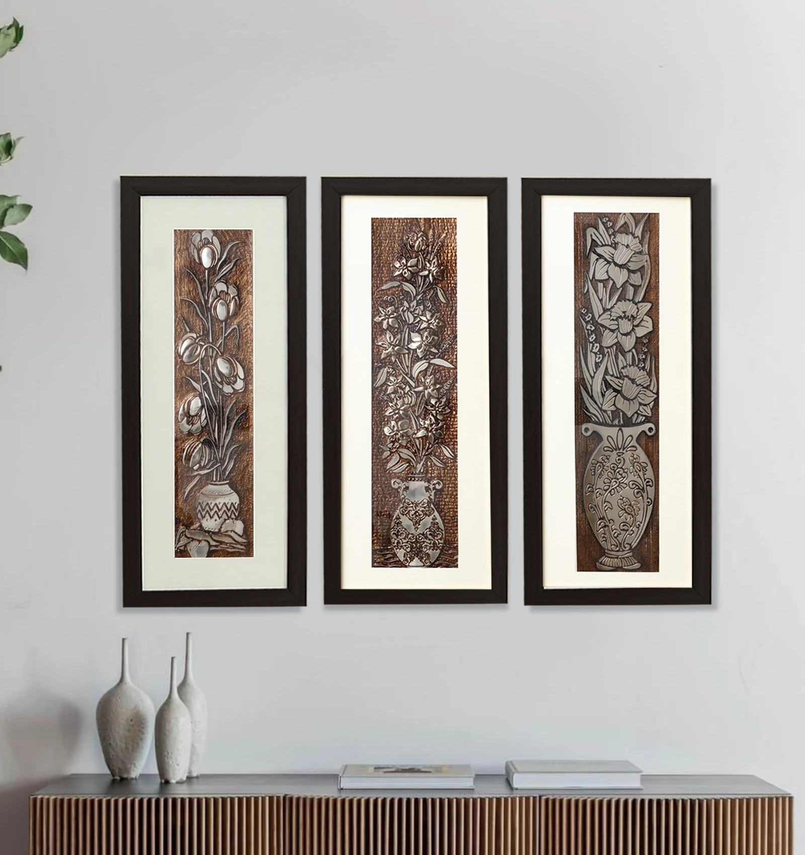 Egyptian Peony Flower Wall Painting Set Of 3