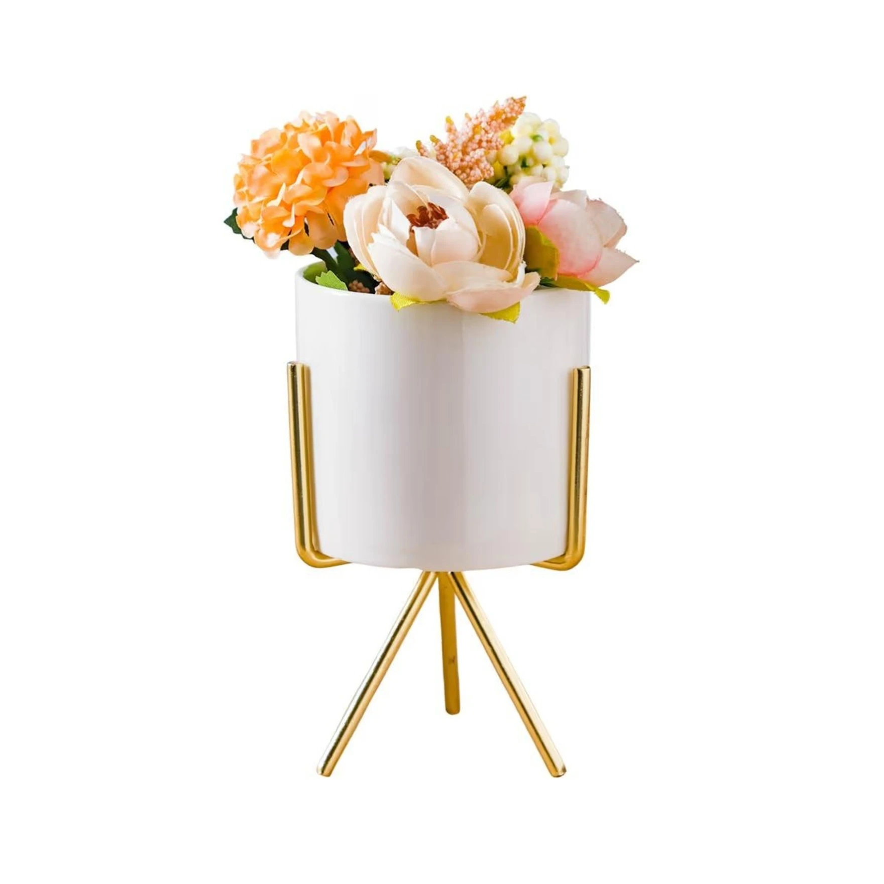 Metal Pot with stand Table Centerpiece Vase, White Vase for Dining Table Centerpieces, Desktop Metal Flower Arrangements Stand for Christmas Party Birthday Home Decor, Small Outdoor Flower Rack Vase,White