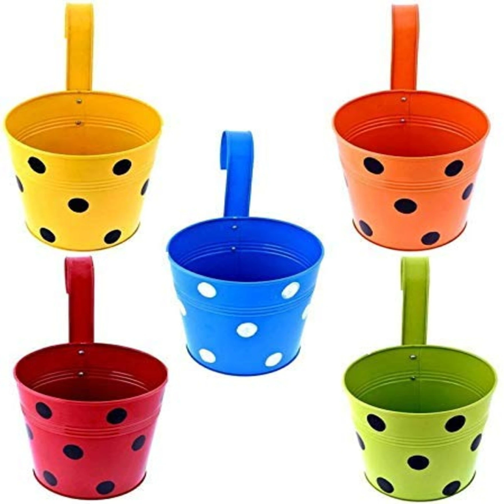 Black Polka Dotted Galvanised Metal Mug with Hooks stand | Flower/Plants Mug for Hanging in Balcony/Railing Planters Garden Home Decor Multicolor with Hooks Set of 5