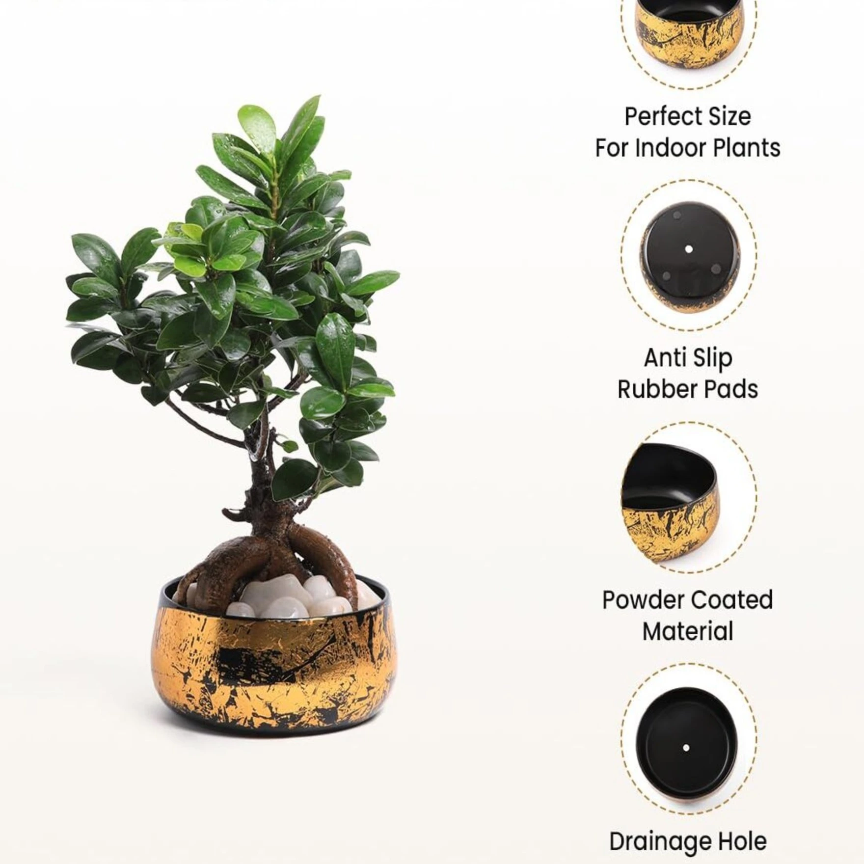 Iron Black and Gold Antique Handi Flower Pot with Drainage Hole Planter for Indoor Plants for Home Decor, Living Room, Kitchen, Bedroom, Table Top, Show Piece, Office, Gifting