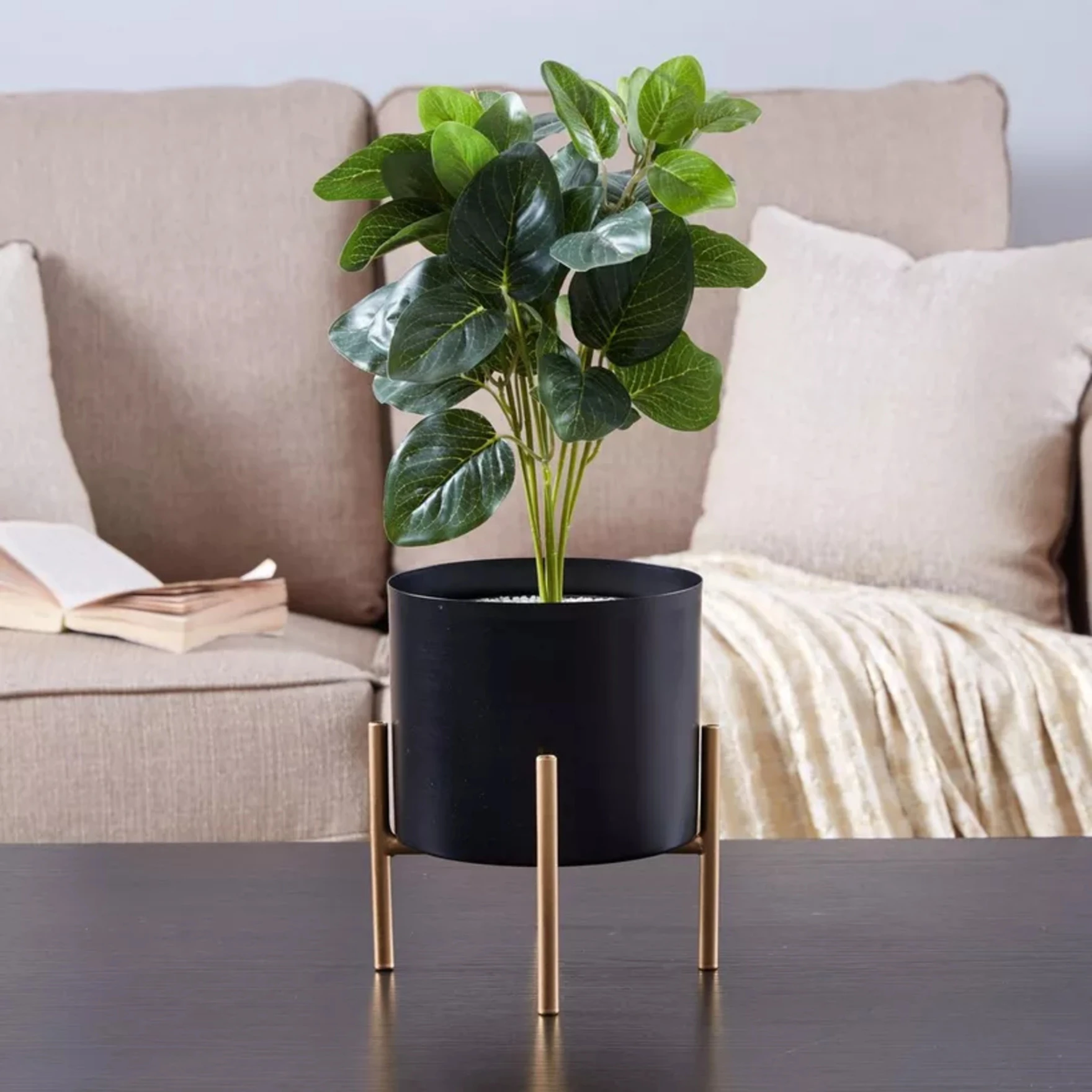 Standing Floor Planters with Metal Stand , Plant Pot Container, Black pot and Gold stand Tree Planter Flower Pots and Stands