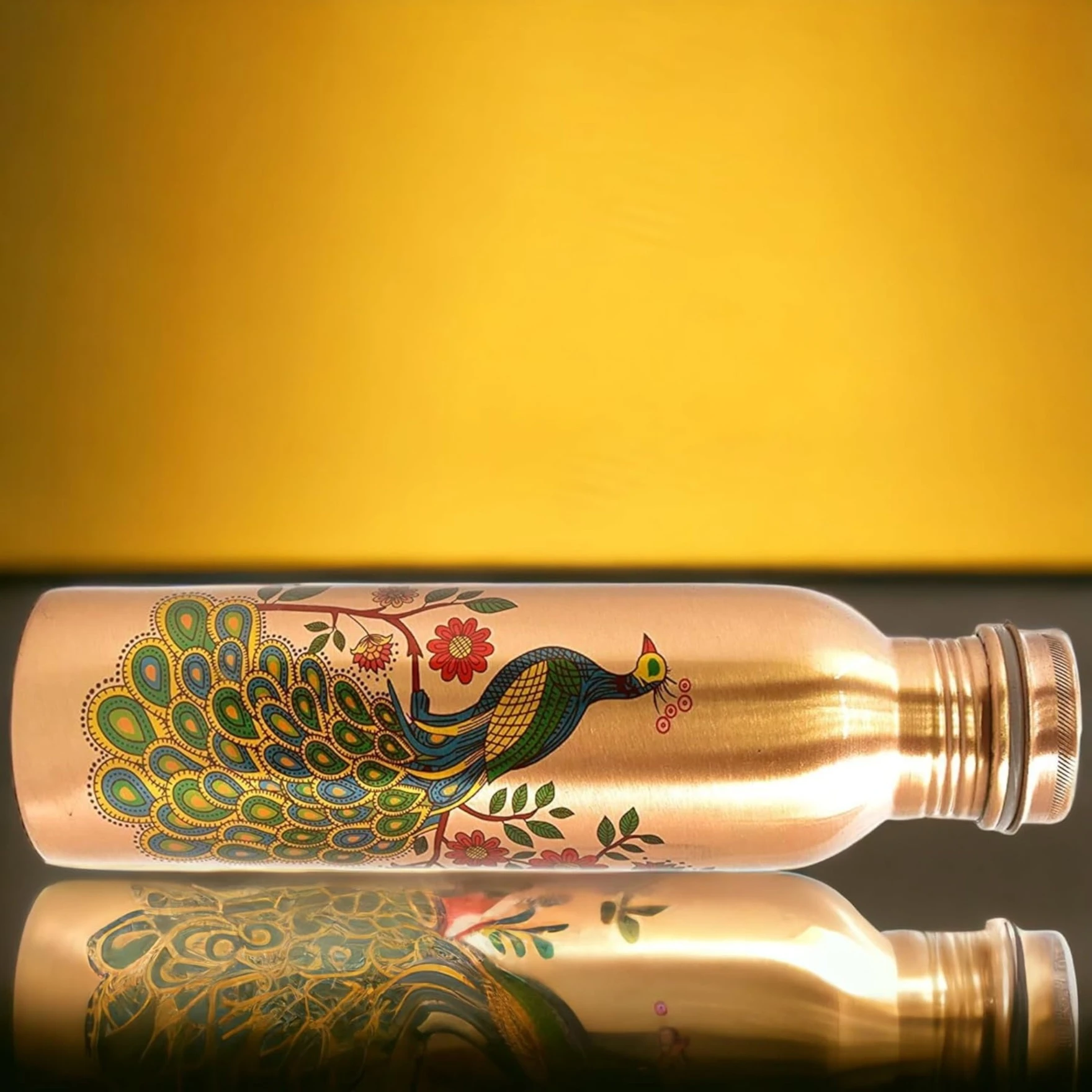 Peacock Design 1 Ltr Leak Proof Pure Copper Water Bottle-Copper Vessel-An Ayuervedic Water Bottle-Capacity 34 Oz Pure Copper Bottle Peacock Design