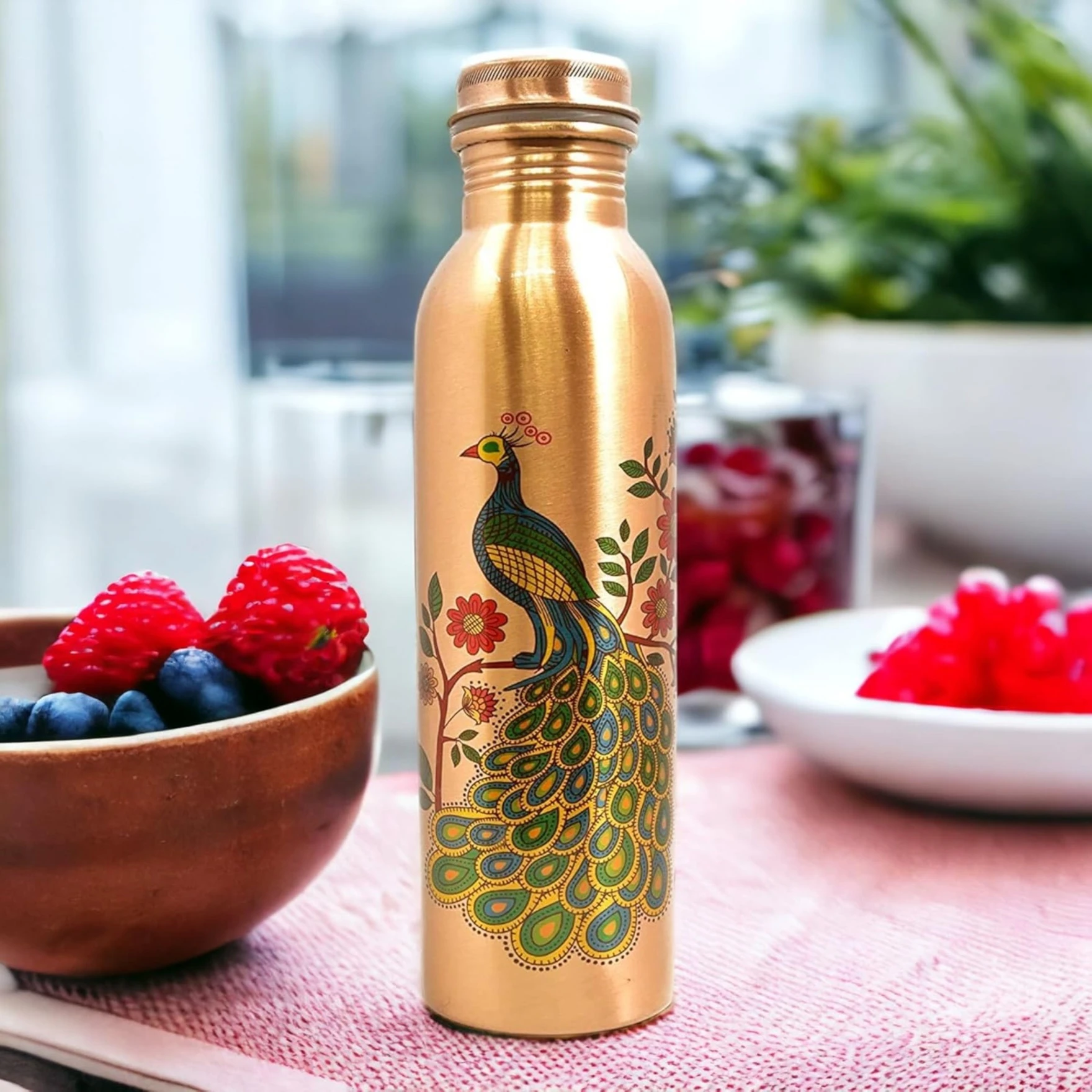 Peacock Design 1 Ltr Leak Proof Pure Copper Water Bottle-Copper Vessel-An Ayuervedic Water Bottle-Capacity 34 Oz Pure Copper Bottle Peacock Design