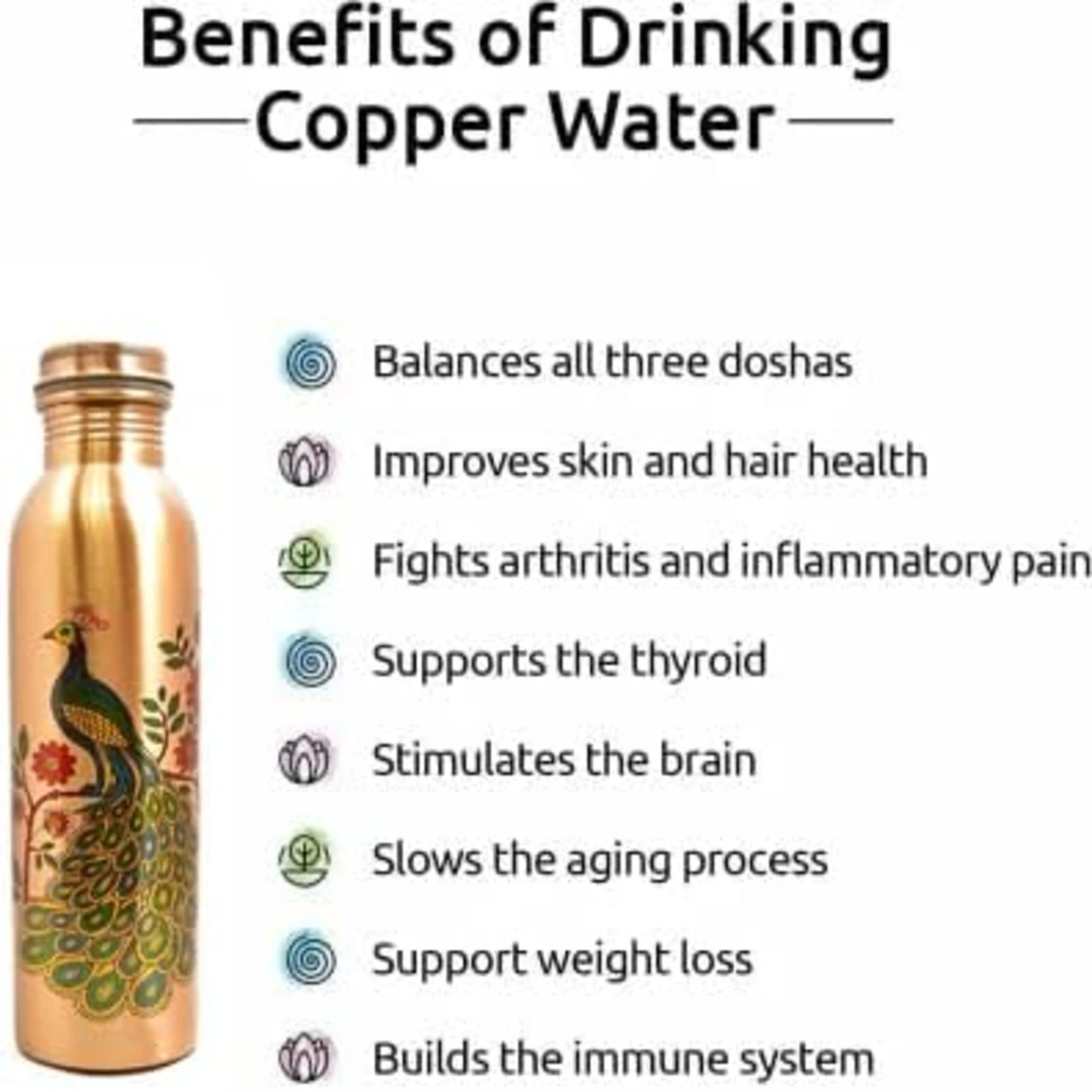 Peacock Design 1 Ltr Leak Proof Pure Copper Water Bottle-Copper Vessel-An Ayuervedic Water Bottle-Capacity 34 Oz Pure Copper Bottle Peacock Design