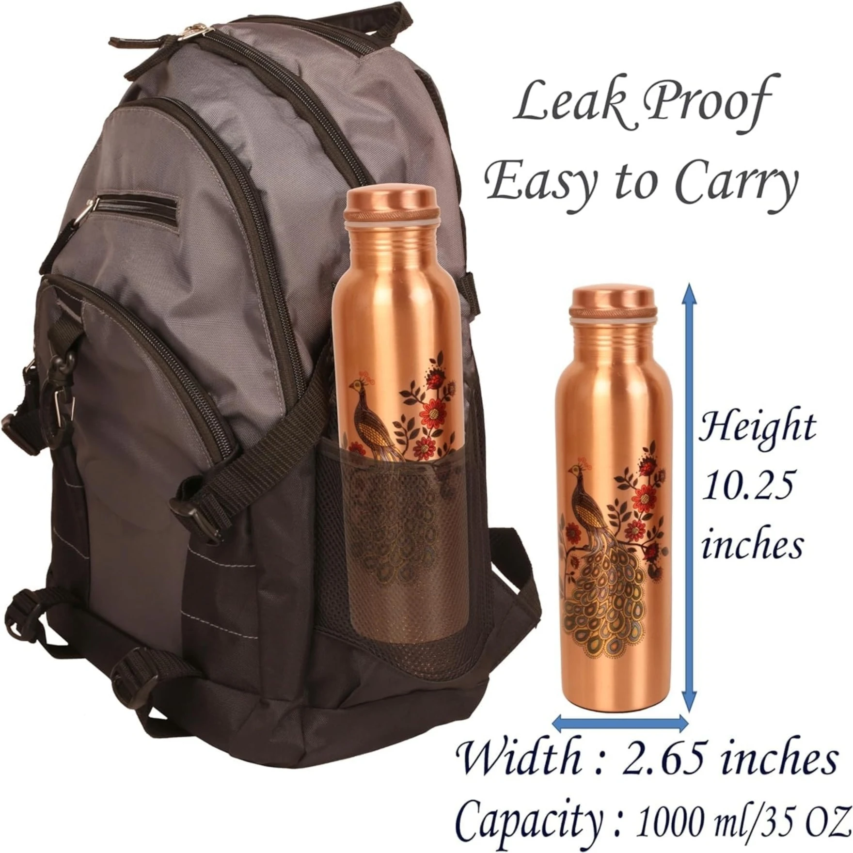 Peacock Design 1 Ltr Leak Proof Pure Copper Water Bottle-Copper Vessel-An Ayuervedic Water Bottle-Capacity 34 Oz Pure Copper Bottle Peacock Design
