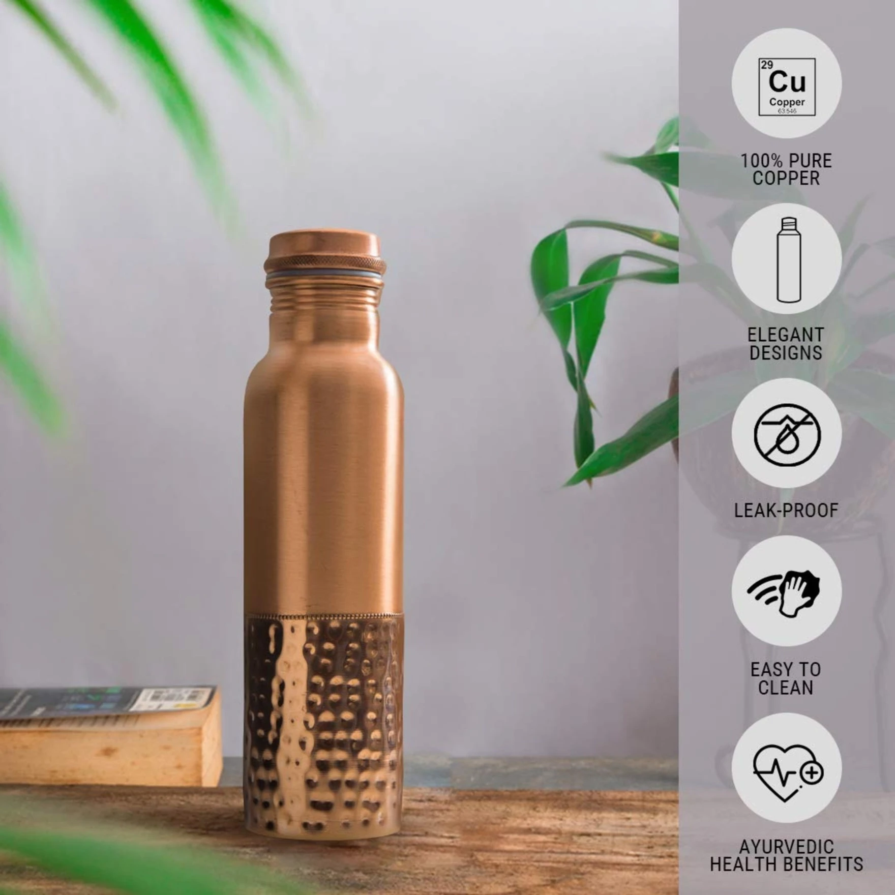 Round Hammered Pure Copper Water Bottle Leak Proof 1 Ltr-Copper Vessel-An Ayuervedic Water Bottle-Capacity 34 Oz Half Hammered Copper Bottle