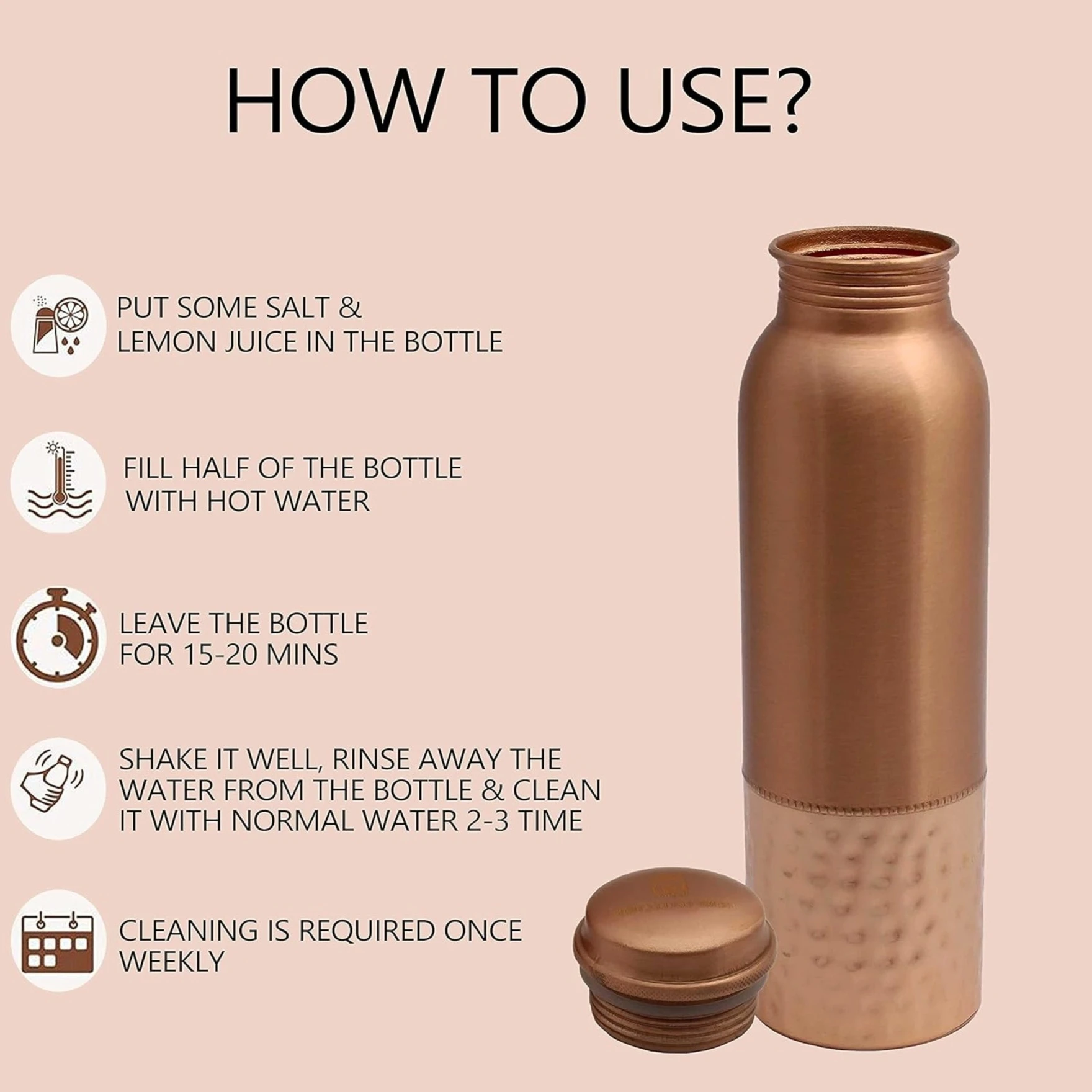 Round Hammered Pure Copper Water Bottle Leak Proof 1 Ltr-Copper Vessel-An Ayuervedic Water Bottle-Capacity 34 Oz Half Hammered Copper Bottle