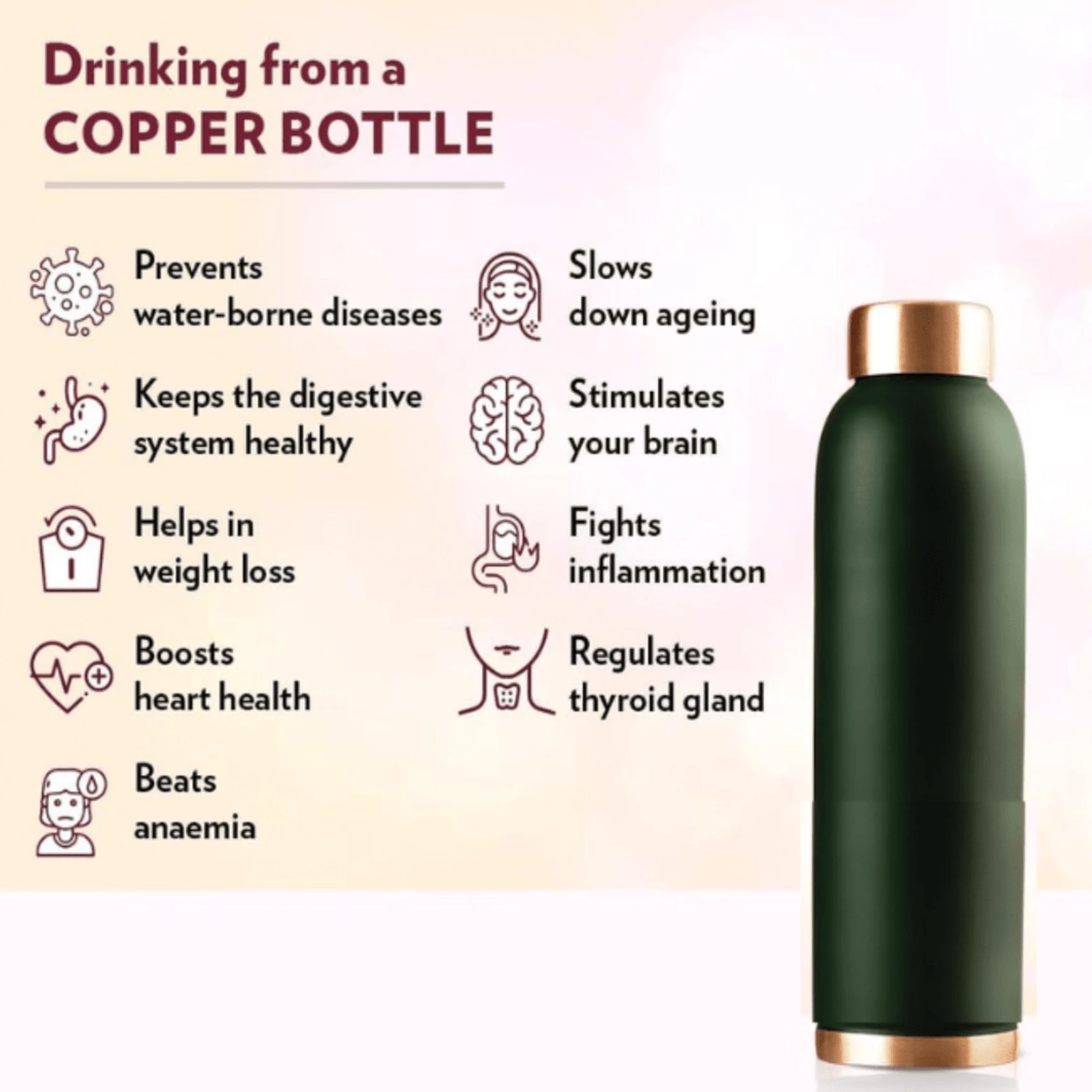 Green 1Ltr Leak Proof Pure Copper Water Bottle Matte Finish-Copper Vessel-An Ayuervedic Water Bottle-Capacity 34 Oz Plain Green Copper Bottle