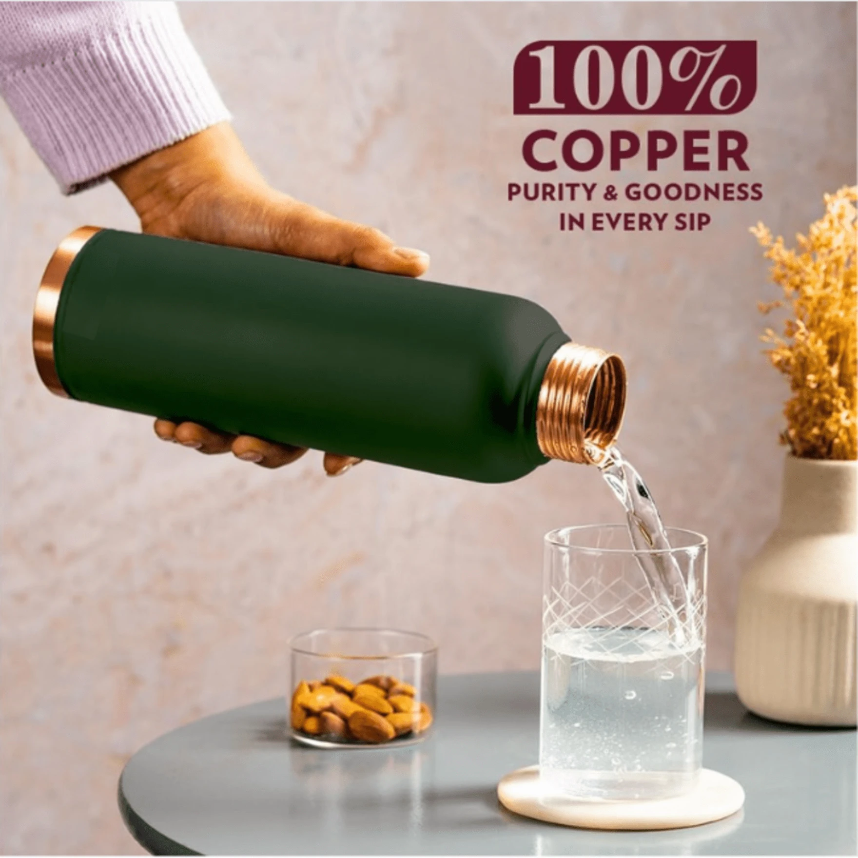 Green 1Ltr Leak Proof Pure Copper Water Bottle Matte Finish-Copper Vessel-An Ayuervedic Water Bottle-Capacity 34 Oz Plain Green Copper Bottle