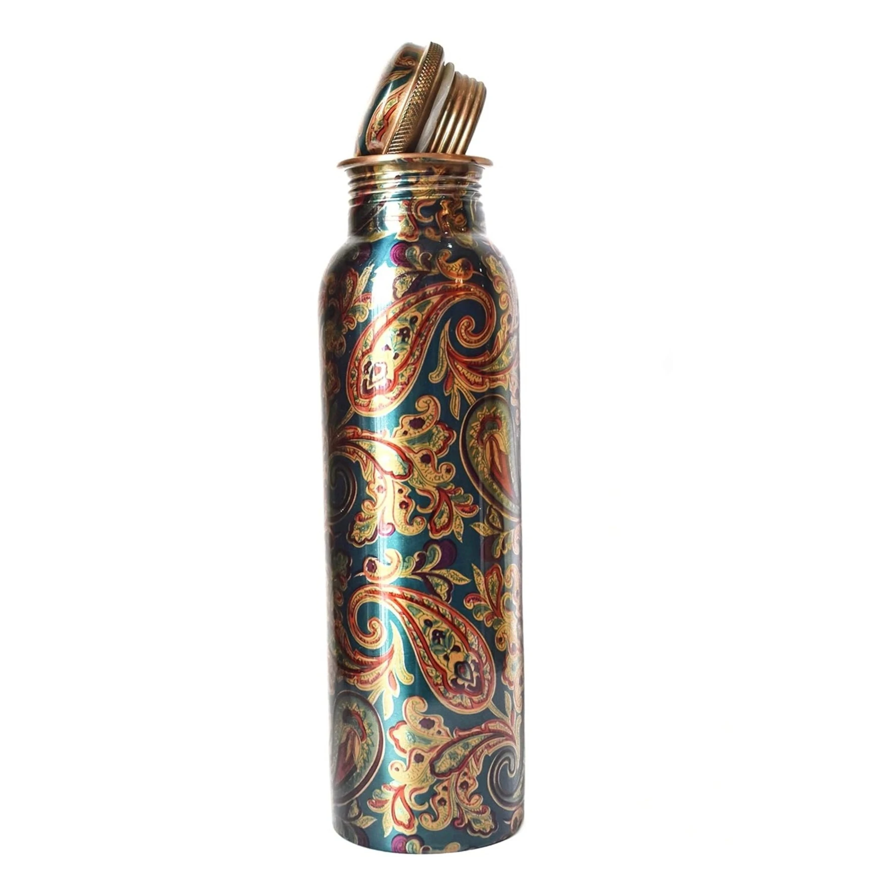 Meenakari Design 1 Ltr Leak Proof Pure Copper Water Bottle Set with 2 Glasses-Copper Vessel-An Ayuervedic Water Bottle-Capacity 34 Oz Pure Copper Bottle Meenakari Design