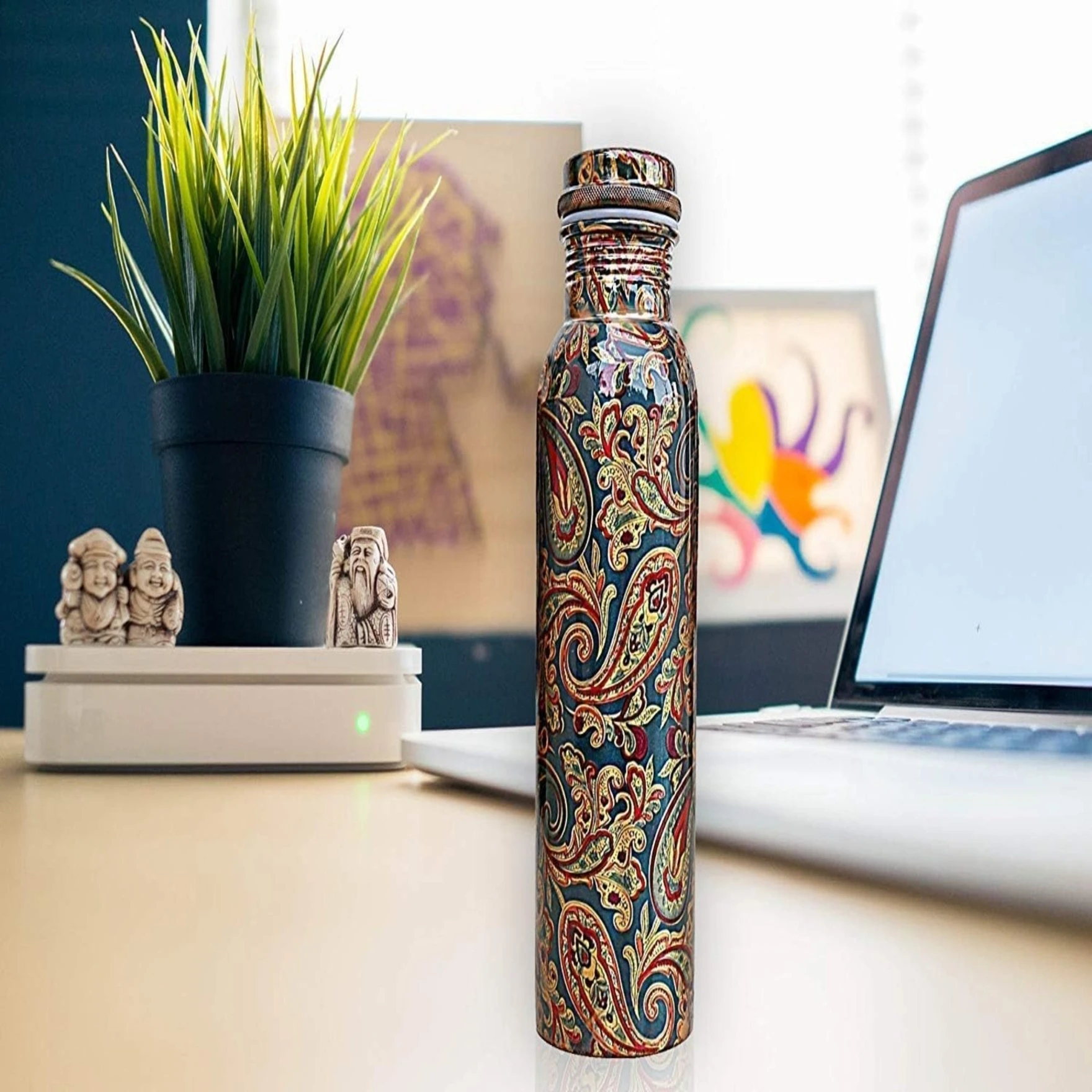 Meenakari Design 1 Ltr Leak Proof Pure Copper Water Bottle Set with 2 Glasses-Copper Vessel-An Ayuervedic Water Bottle-Capacity 34 Oz Pure Copper Bottle Meenakari Design