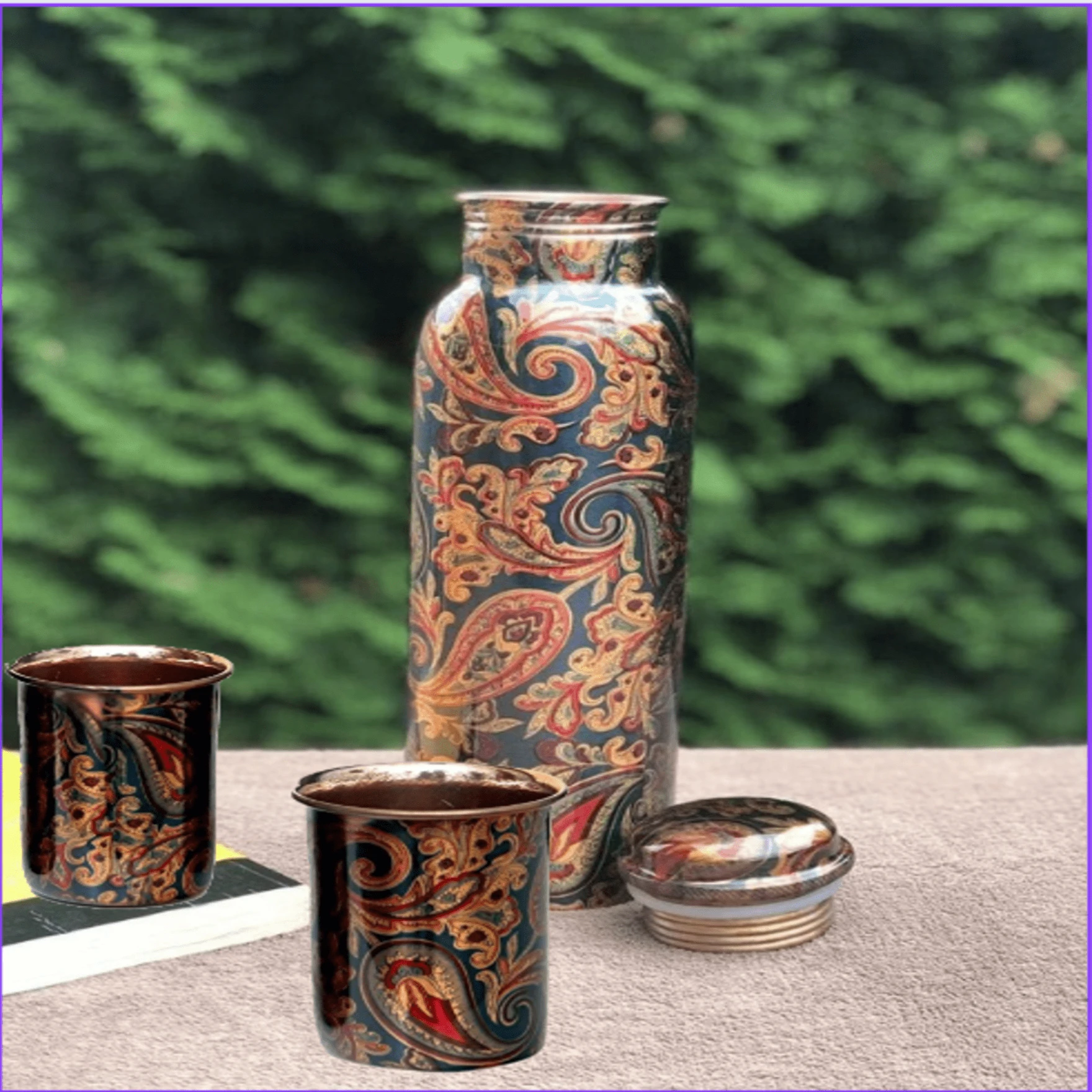 Meenakari Design 1 Ltr Leak Proof Pure Copper Water Bottle Set with 2 Glasses-Copper Vessel-An Ayuervedic Water Bottle-Capacity 34 Oz Pure Copper Bottle Meenakari Design