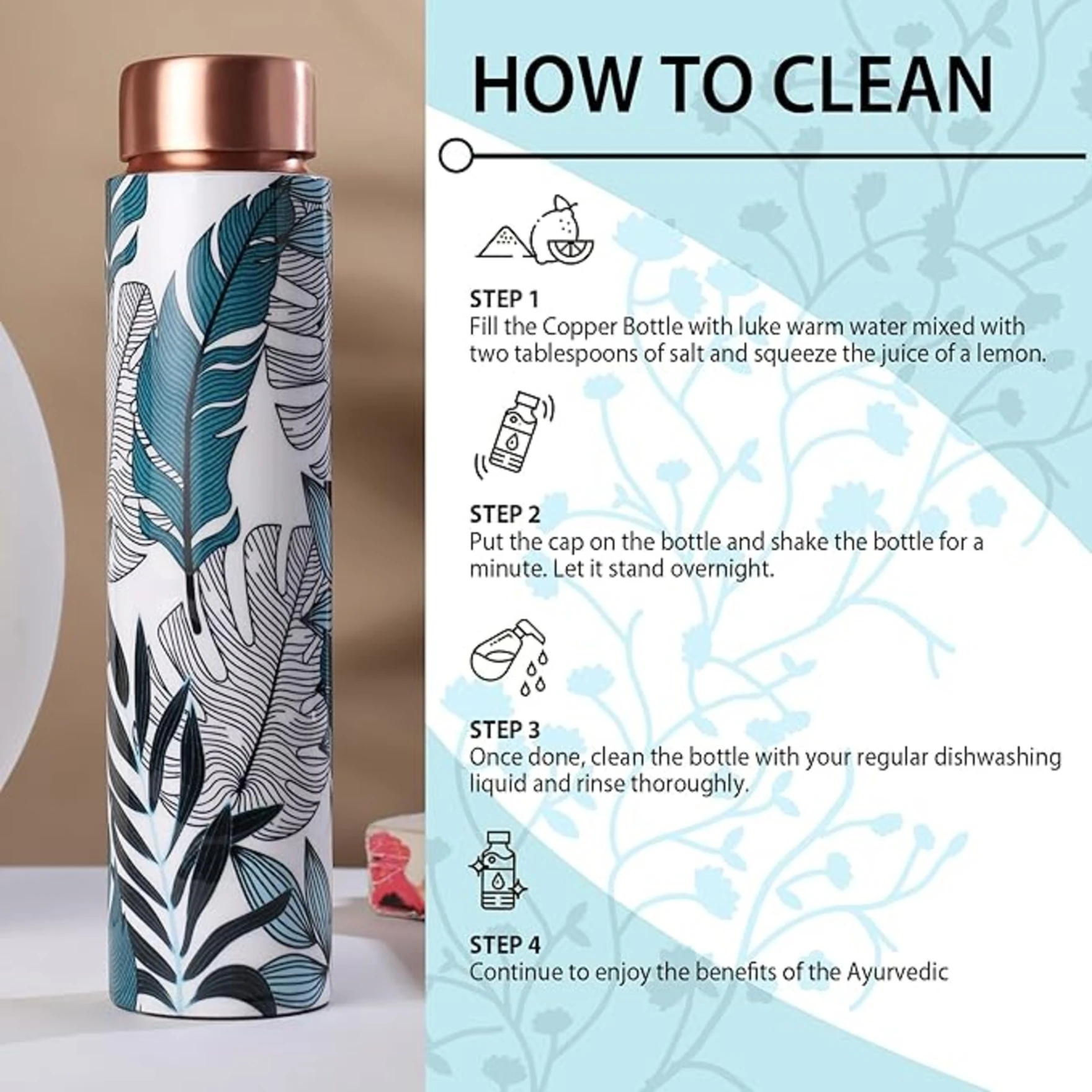 Meenakari Leaf Design 750 ML Leak Proof Pure Copper Water Bottle-Copper Vessel-An Ayuervedic Water Bottle-Capacity 34 Oz Pure Copper Bottle Leaf Design