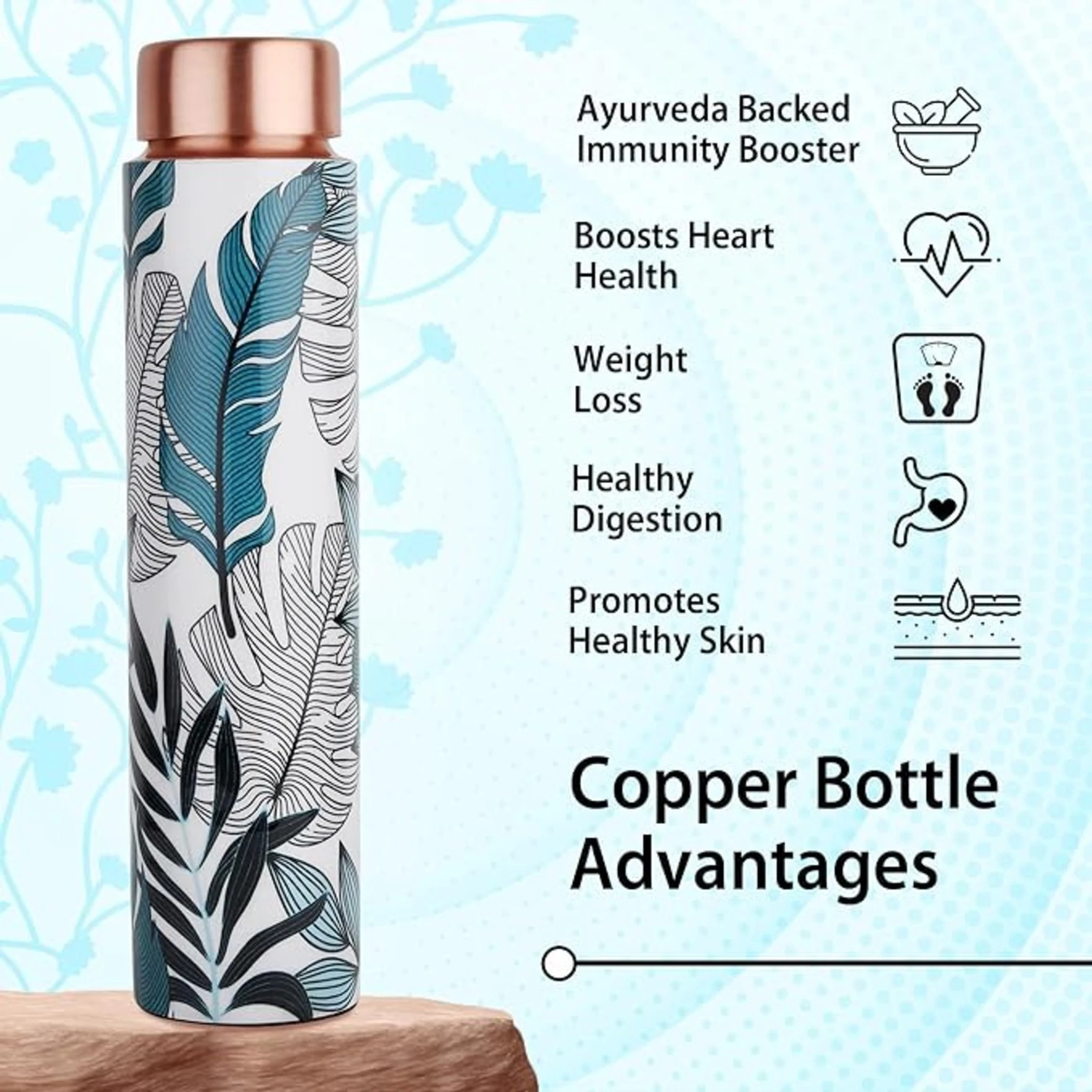 Meenakari Leaf Design 750 ML Leak Proof Pure Copper Water Bottle-Copper Vessel-An Ayuervedic Water Bottle-Capacity 34 Oz Pure Copper Bottle Leaf Design
