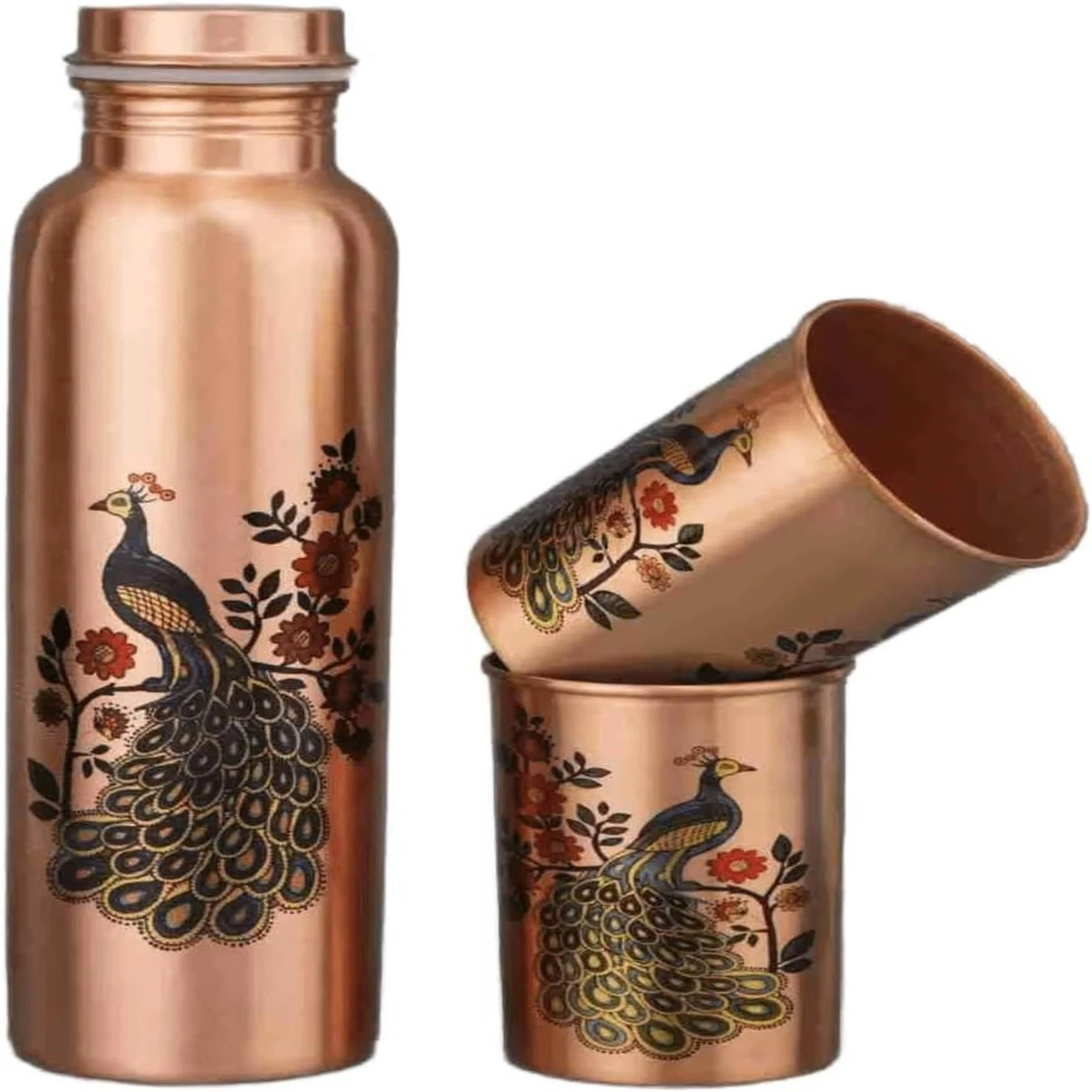 Peacock Design 1 Ltr Leak Proof Pure Copper Water Bottle Set with 2 Glasses-Copper Vessel-An Ayuervedic Water Bottle-Capacity 34 Oz Pure Copper Bottle Peacock Design