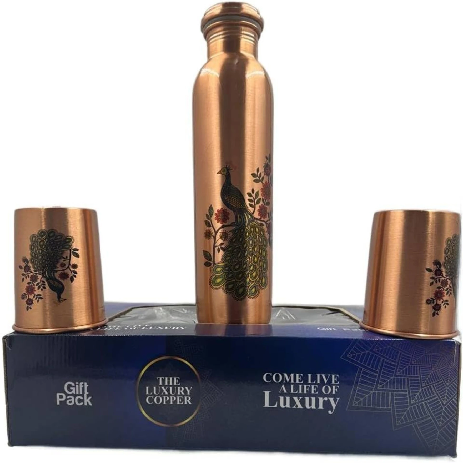 Peacock Design 1 Ltr Leak Proof Pure Copper Water Bottle Set with 2 Glasses-Copper Vessel-An Ayuervedic Water Bottle-Capacity 34 Oz Pure Copper Bottle Peacock Design