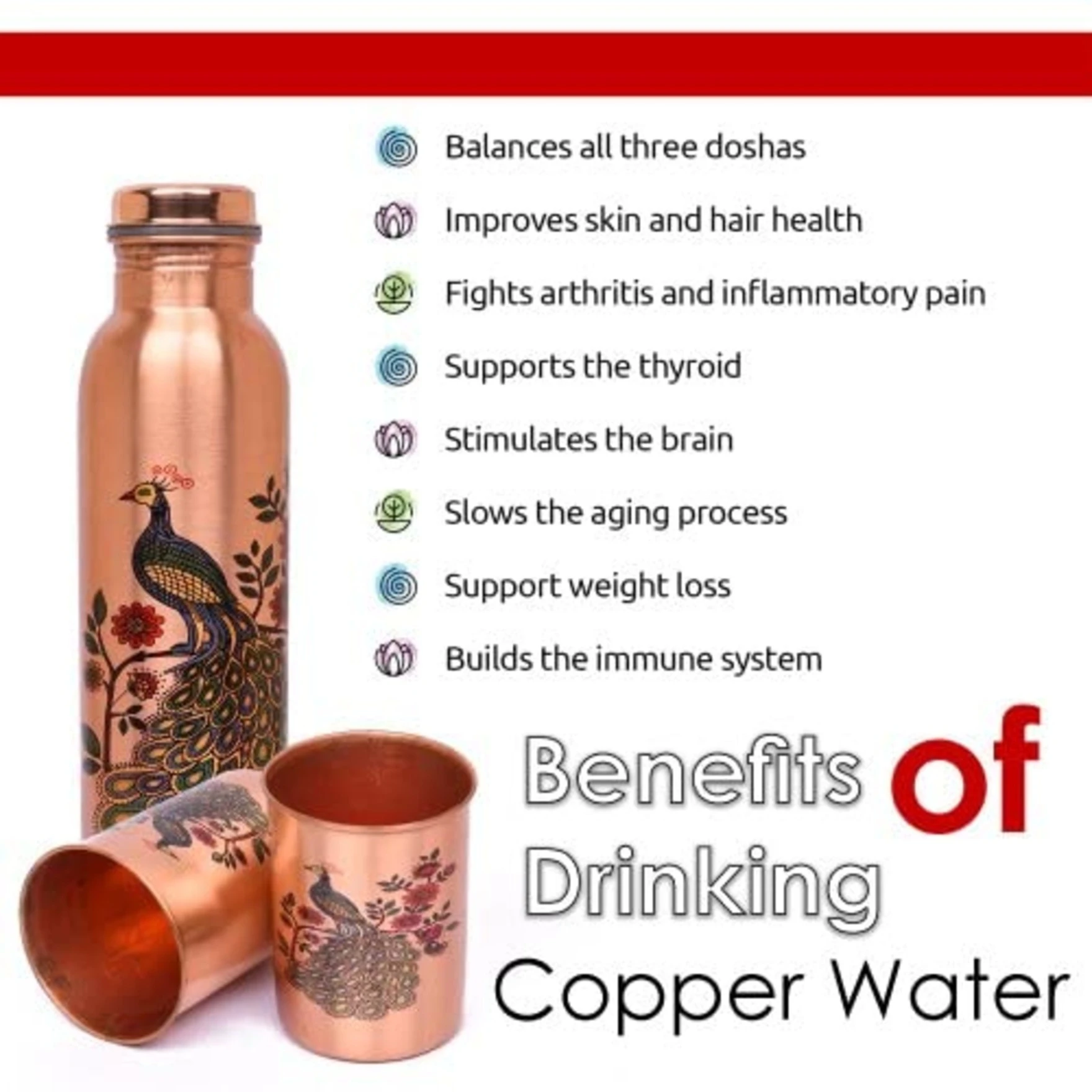 Peacock Design 1 Ltr Leak Proof Pure Copper Water Bottle Set with 2 Glasses-Copper Vessel-An Ayuervedic Water Bottle-Capacity 34 Oz Pure Copper Bottle Peacock Design