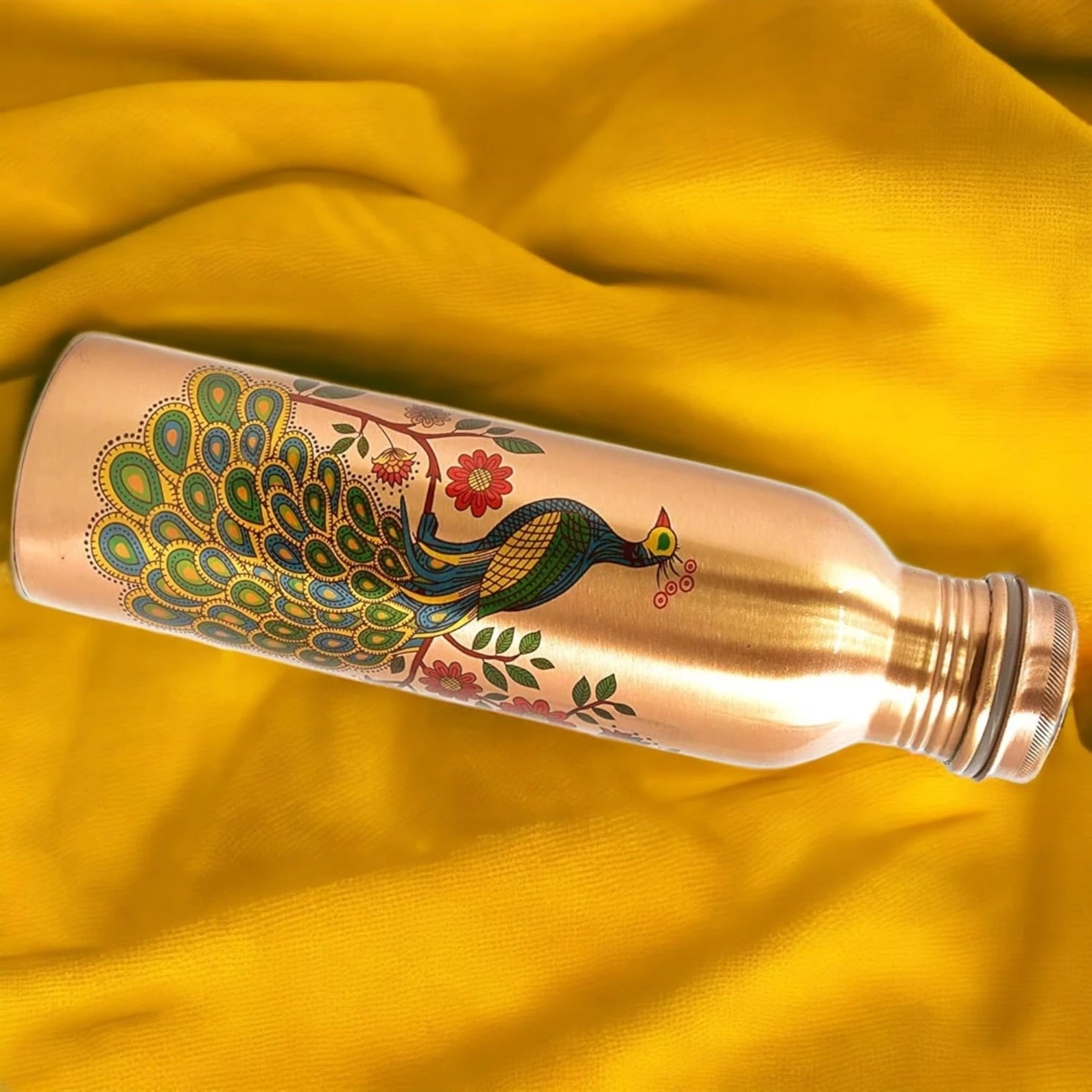 Peacock Design 1 Ltr Leak Proof Pure Copper Water Bottle Set with 2 Glasses-Copper Vessel-An Ayuervedic Water Bottle-Capacity 34 Oz Pure Copper Bottle Peacock Design