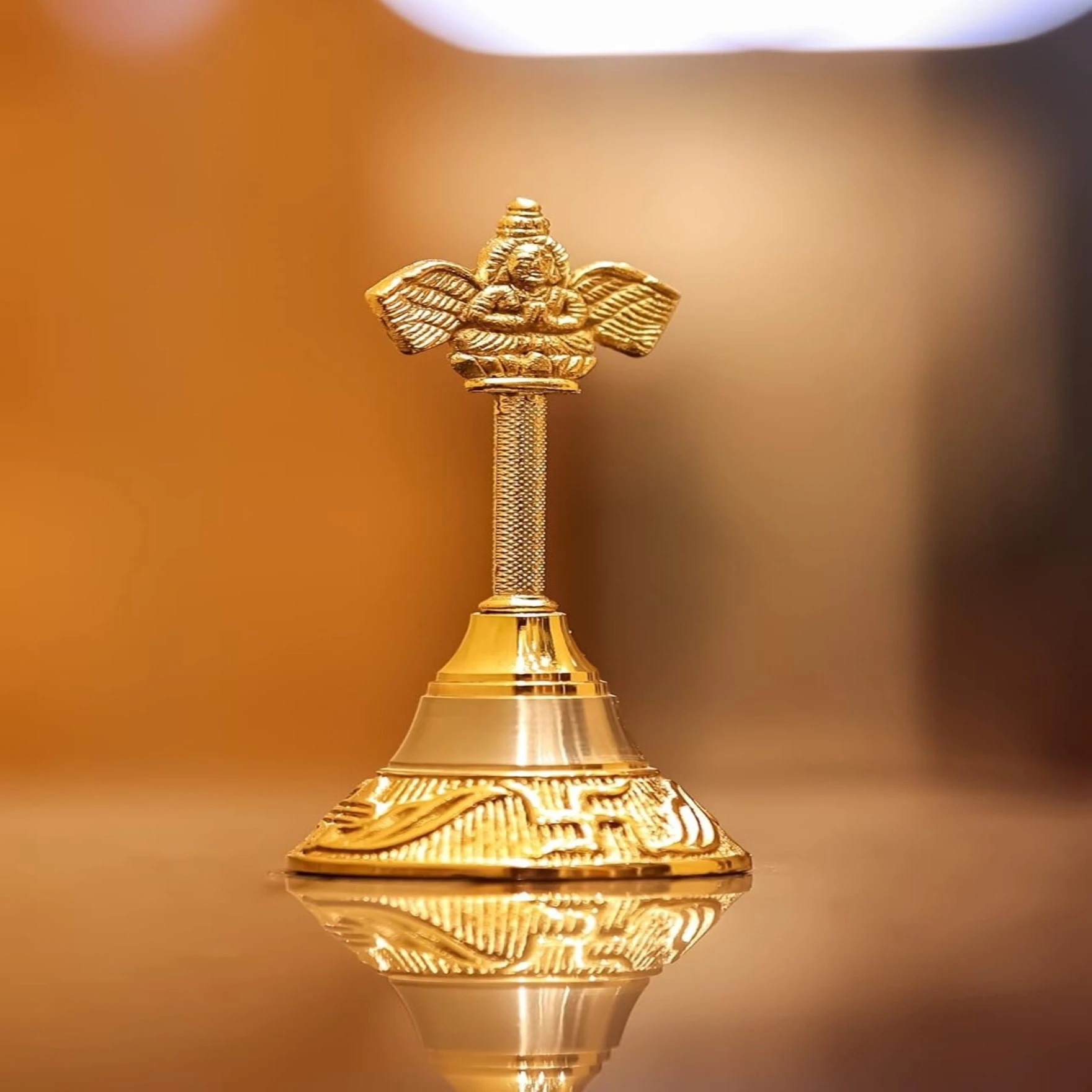 Gold Polish Pooja Bell Garuda Ghanti, Hand Bell (Height- 4 Inch)