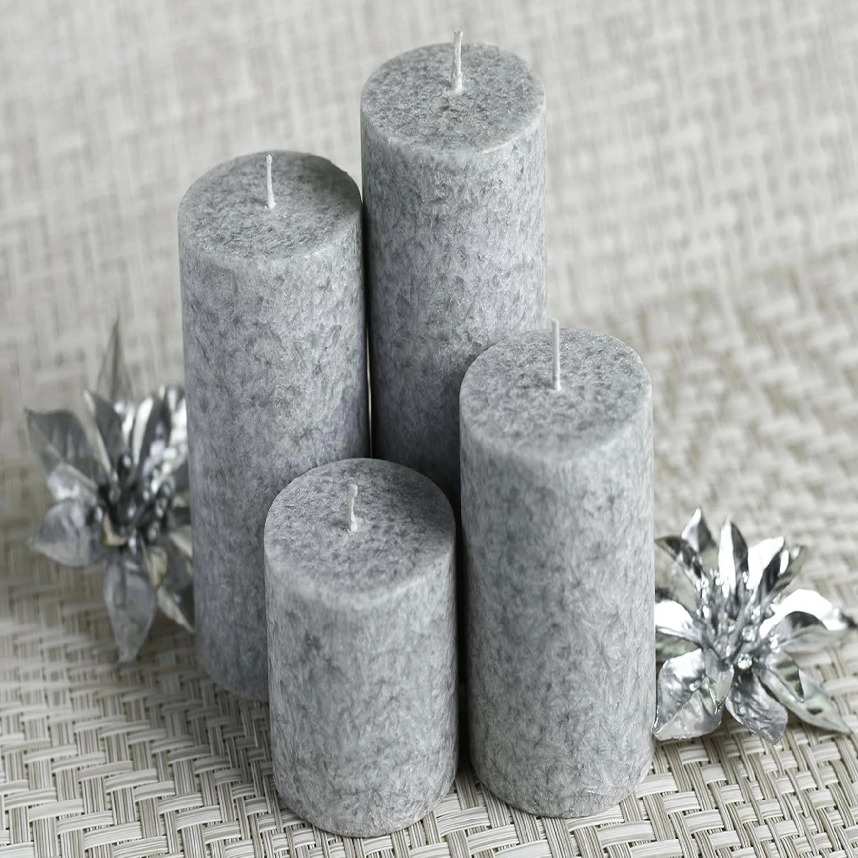 Pure Wax Cinnamon Fragranced (Cinnamon) Pillar Candles, Set of 4 Scented Pillar Candles Color Grey
