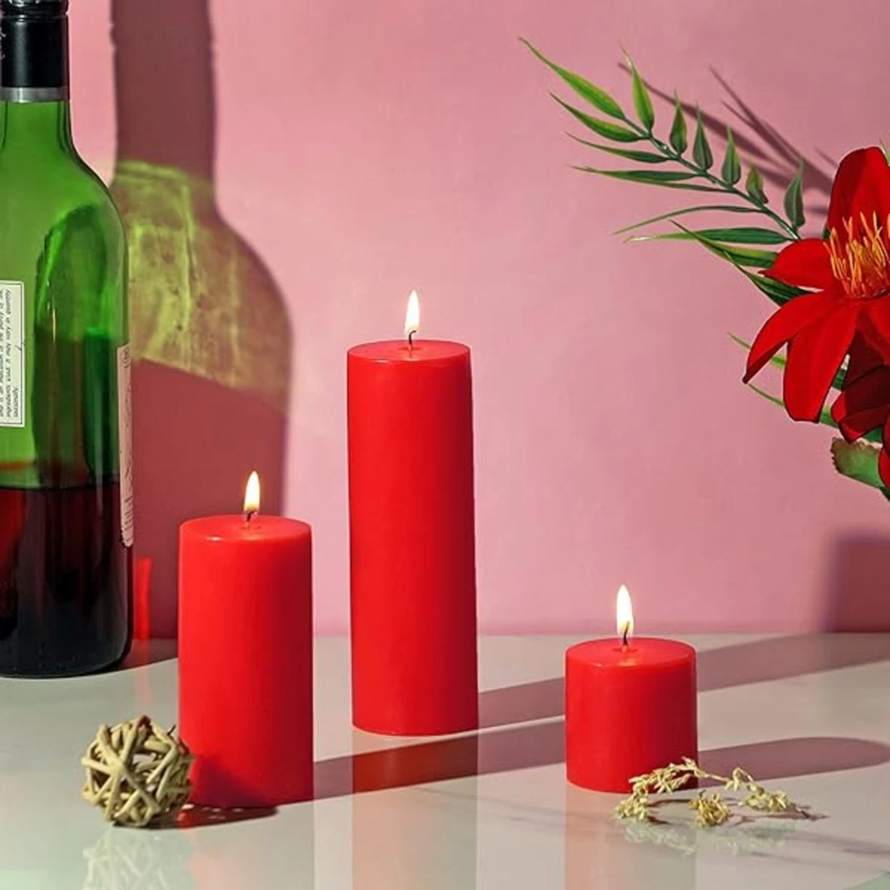 Pure Wax Cinnamon Fragranced (Cinnamon) Pillar Candles, Set of 3 Scented Pillar Candles Red