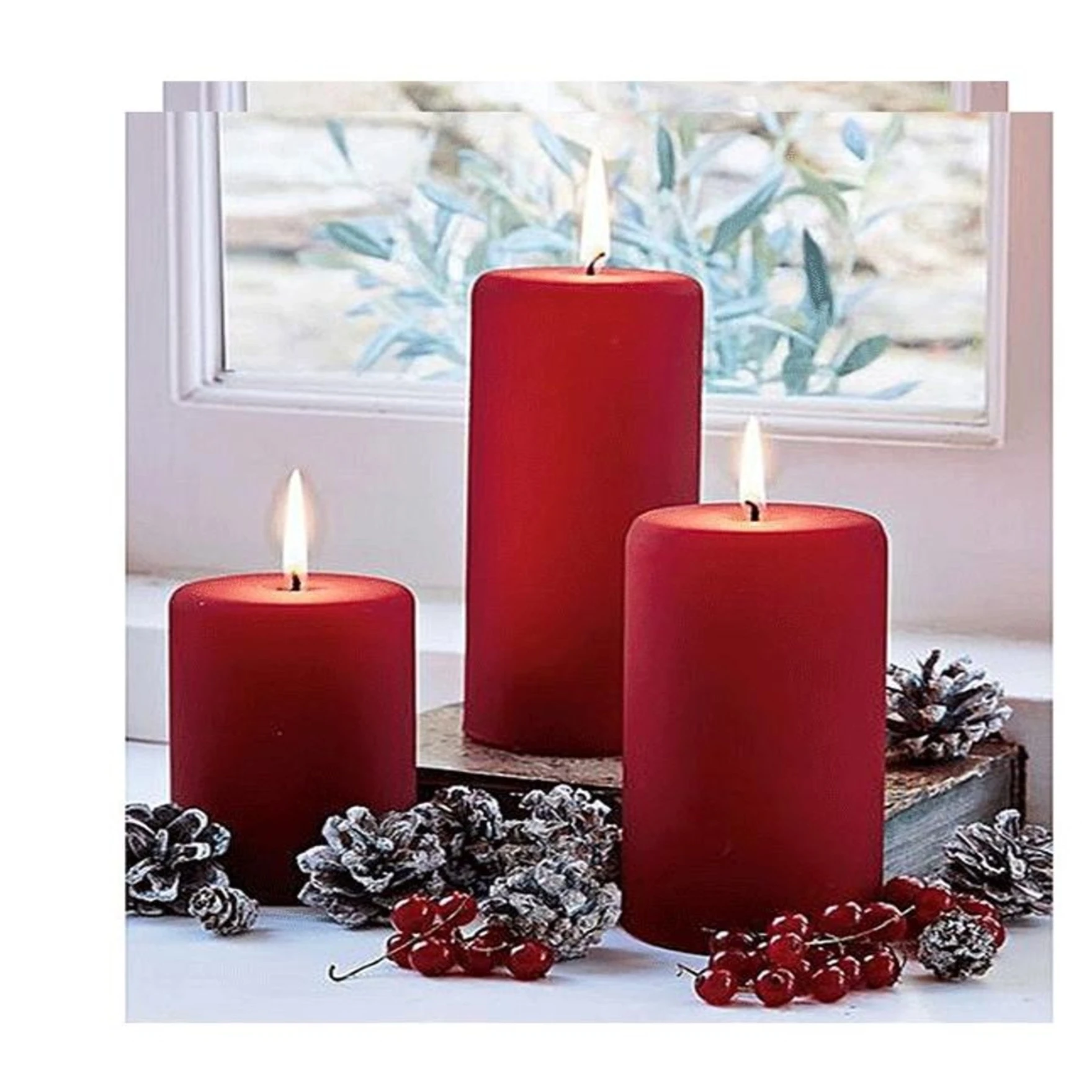 Pure Wax Cinnamon Fragranced (Cinnamon) Pillar Candles, Set of 3 Scented Pillar Candles Red