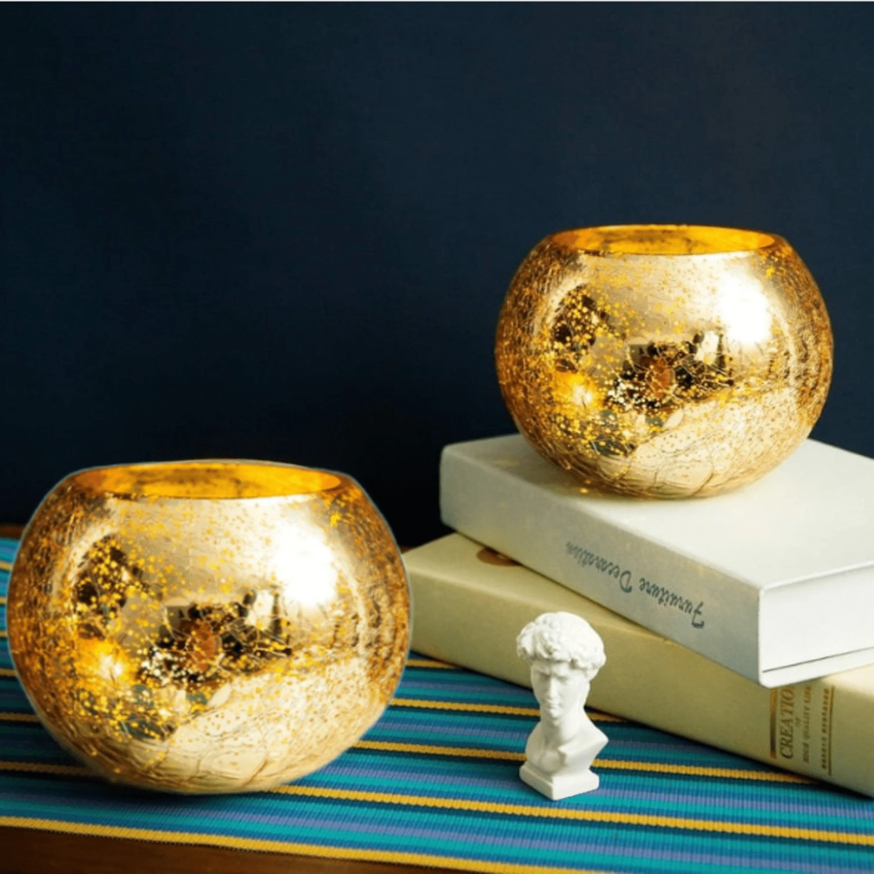 Votive Tealight Candle Holders Mercury Glass  Candle Holder Ice Cracked Glass Bowl Candle Holder for Home Wedding Tables (Gold)