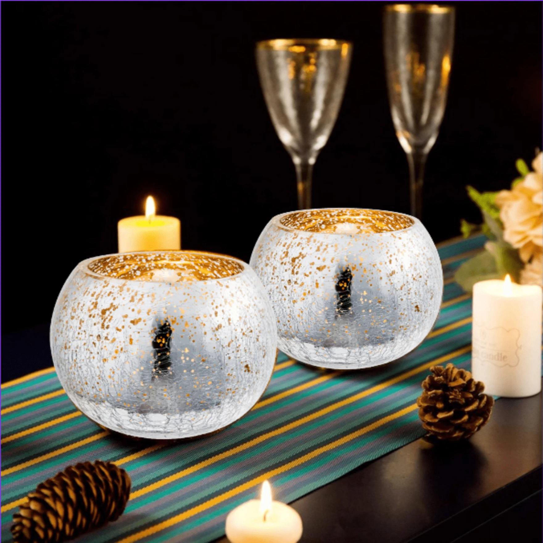 Votive Tealight Candle Holders Mercury Glass  Candle Holder Ice Cracked Glass Bowl Candle Holder for Home Wedding Tables (Silver)