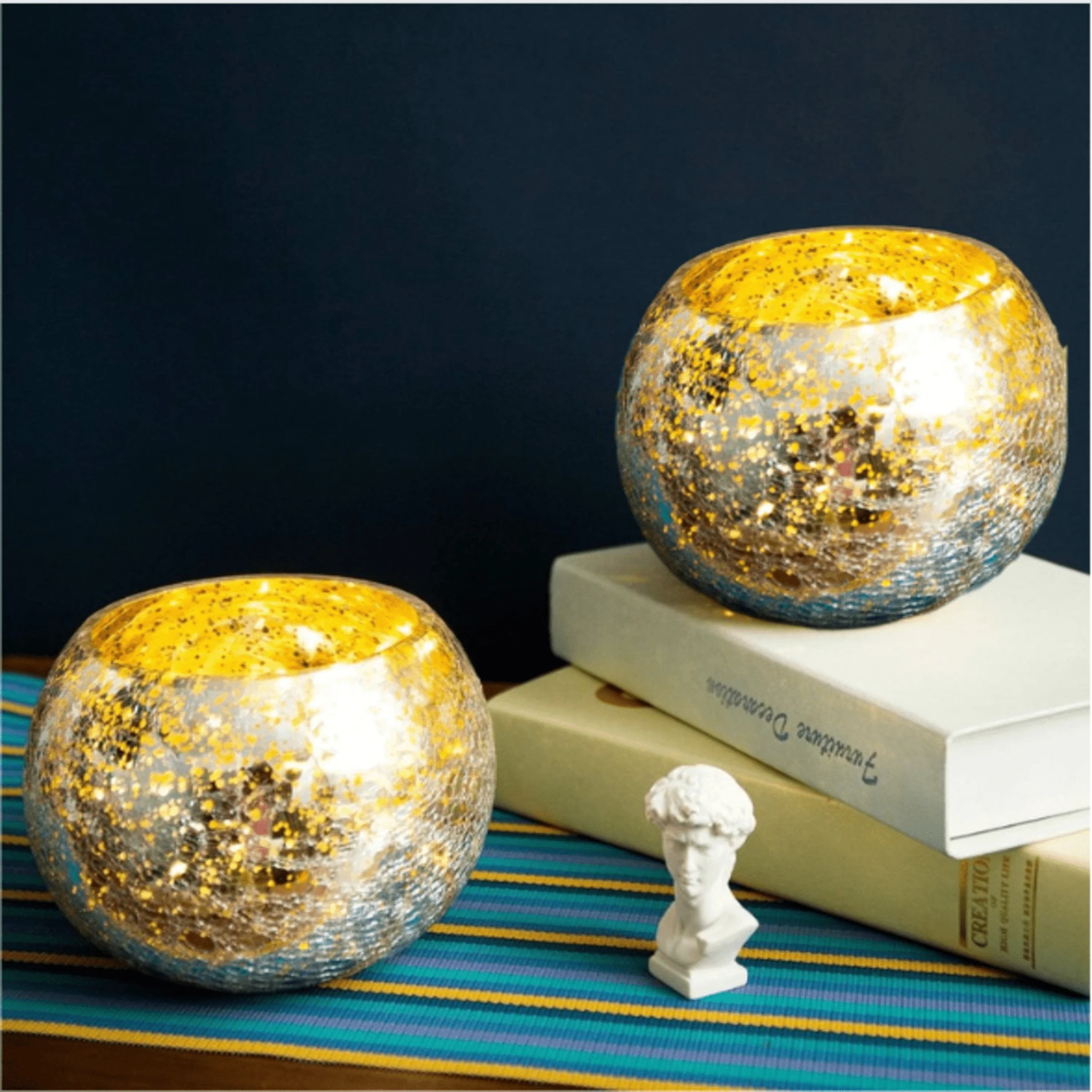 Votive Tealight Candle Holders Mercury Glass  Candle Holder Ice Cracked Glass Bowl Candle Holder for Home Wedding Tables (Silver)