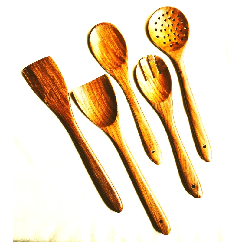 5-Piece Wooden Spatula and Spoon Set with Holder
