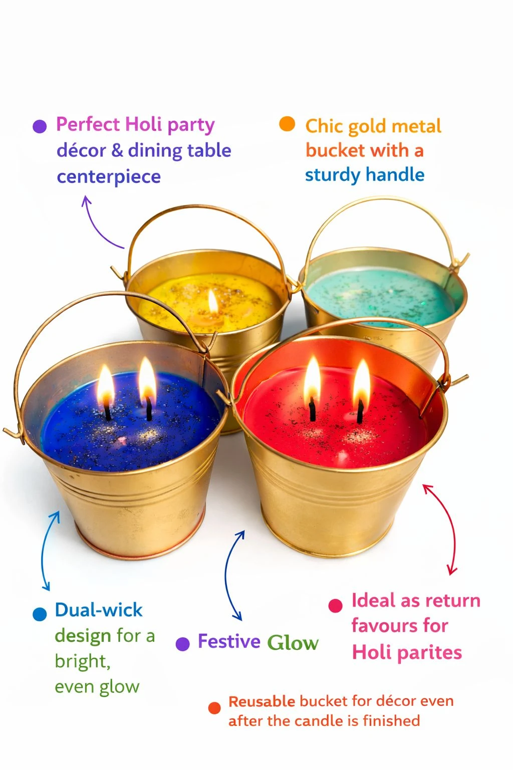 Colorful Holi Bucket Candle – Set of 4