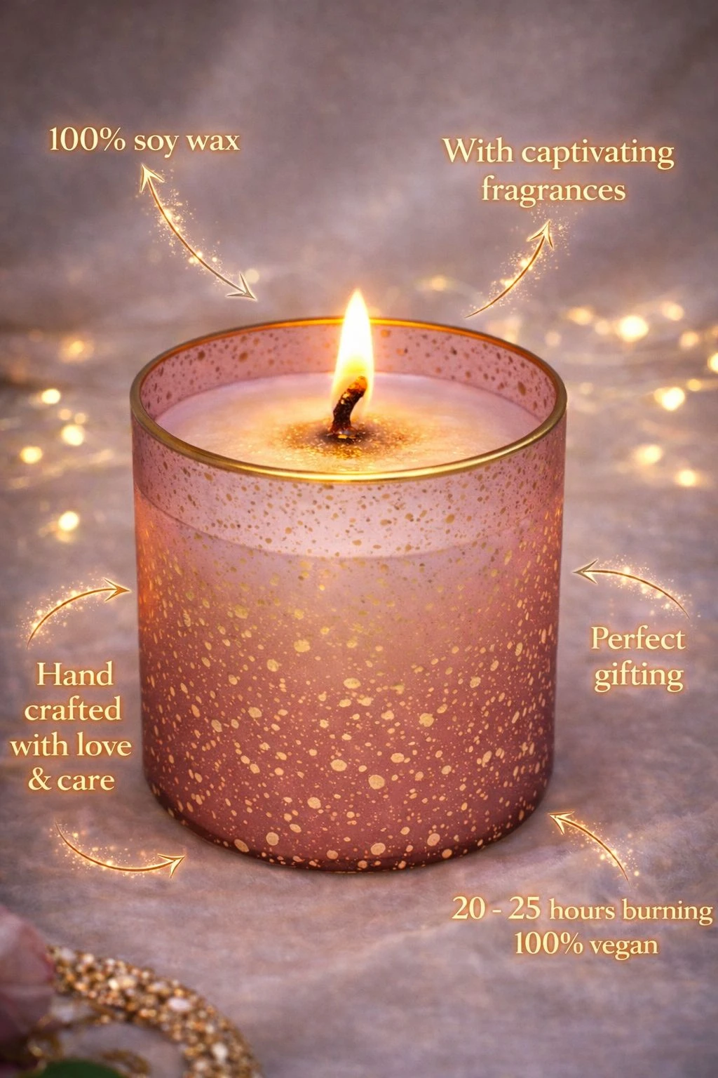 Warm Vanilla Amber Luxury Soy Wax Candle – Blush Glass with Golden Speckles