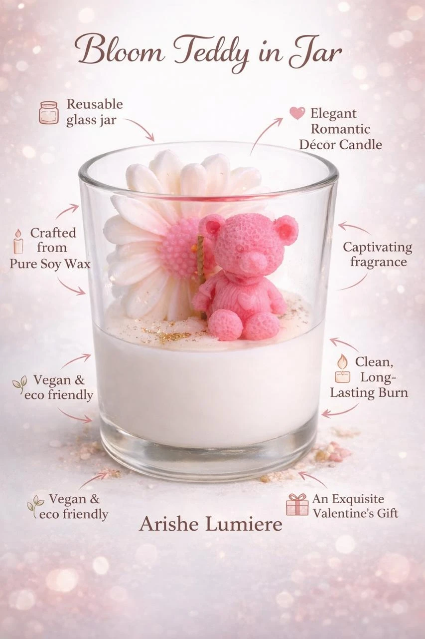 Bloom Teddy in Jar – Luxury Handcrafted Soy Wax Scented Candle with Floral Teddy Design
