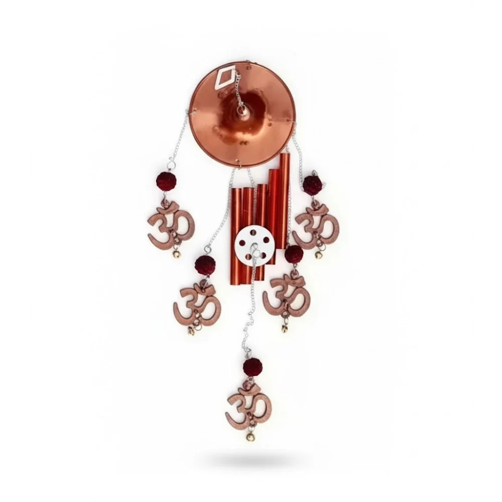 Feng Shui Om Rudraksha Bamboo Wind Chime for Home & Outdoor Décor – Brown (40 × 10 cm, Pack of 1)